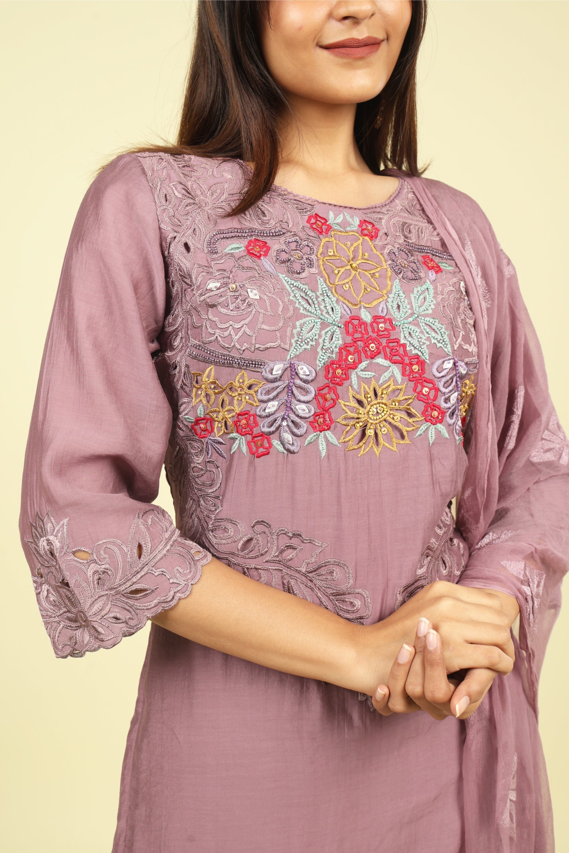 Dark Lavender Mul Chanderi Embroidered Straight Cut Salwar Suit - Mokshaa