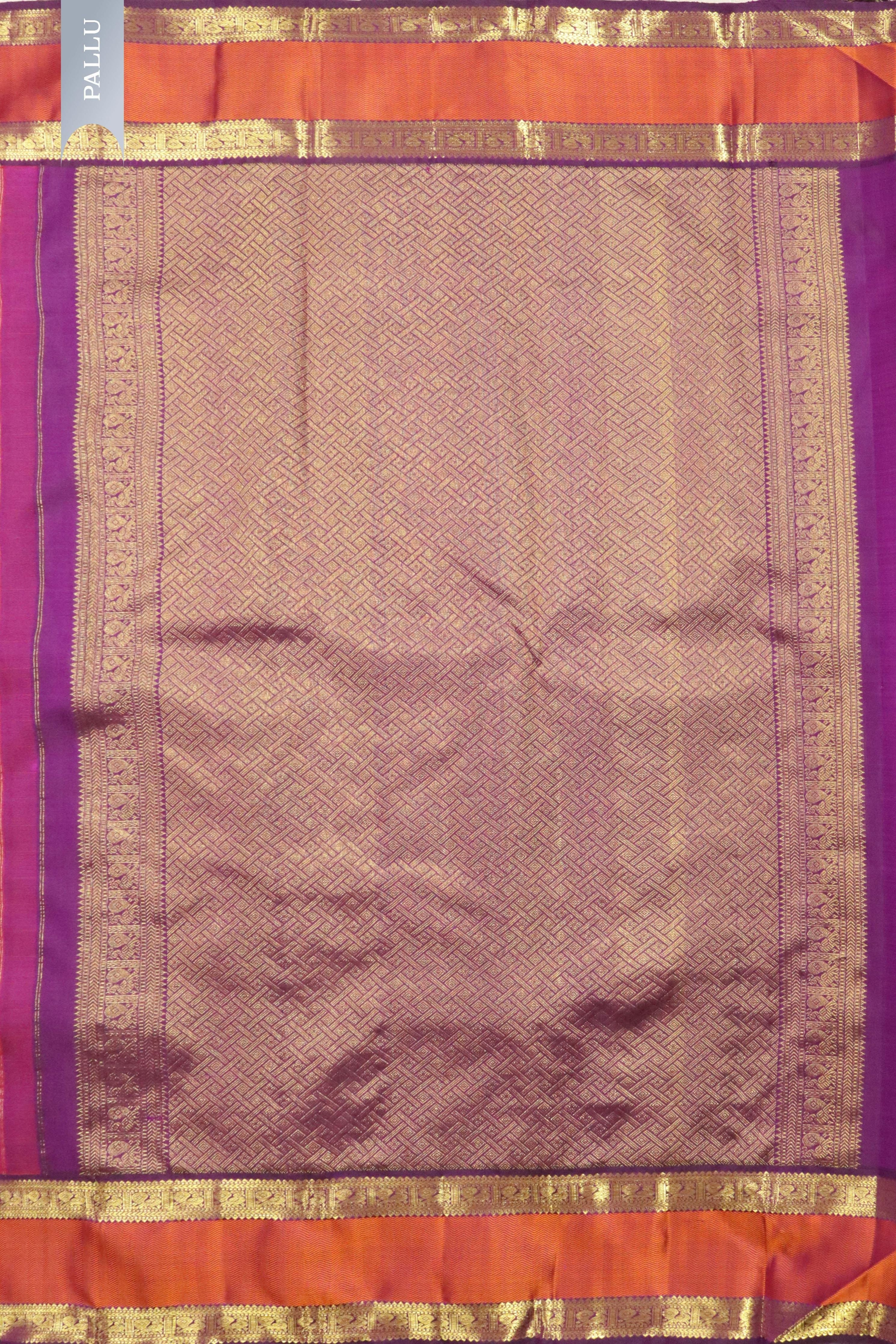Orange Kanchipuram Silk Saree with Zari Horizontal Lines & Thread Weaving Border - Mokshaa