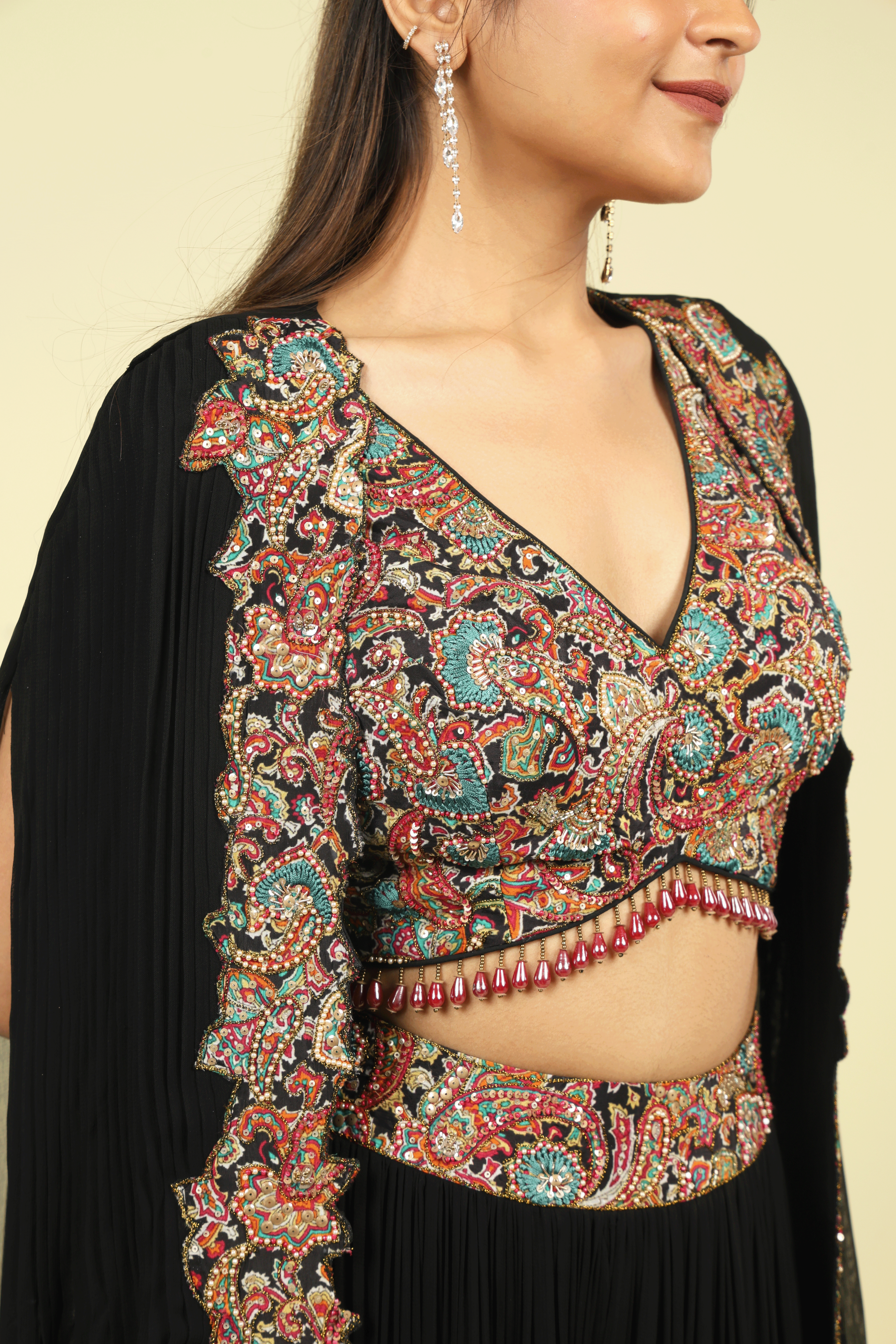 Black Georgette Crop Top Palazzo Set with Embroidered Cape - Mokshaa