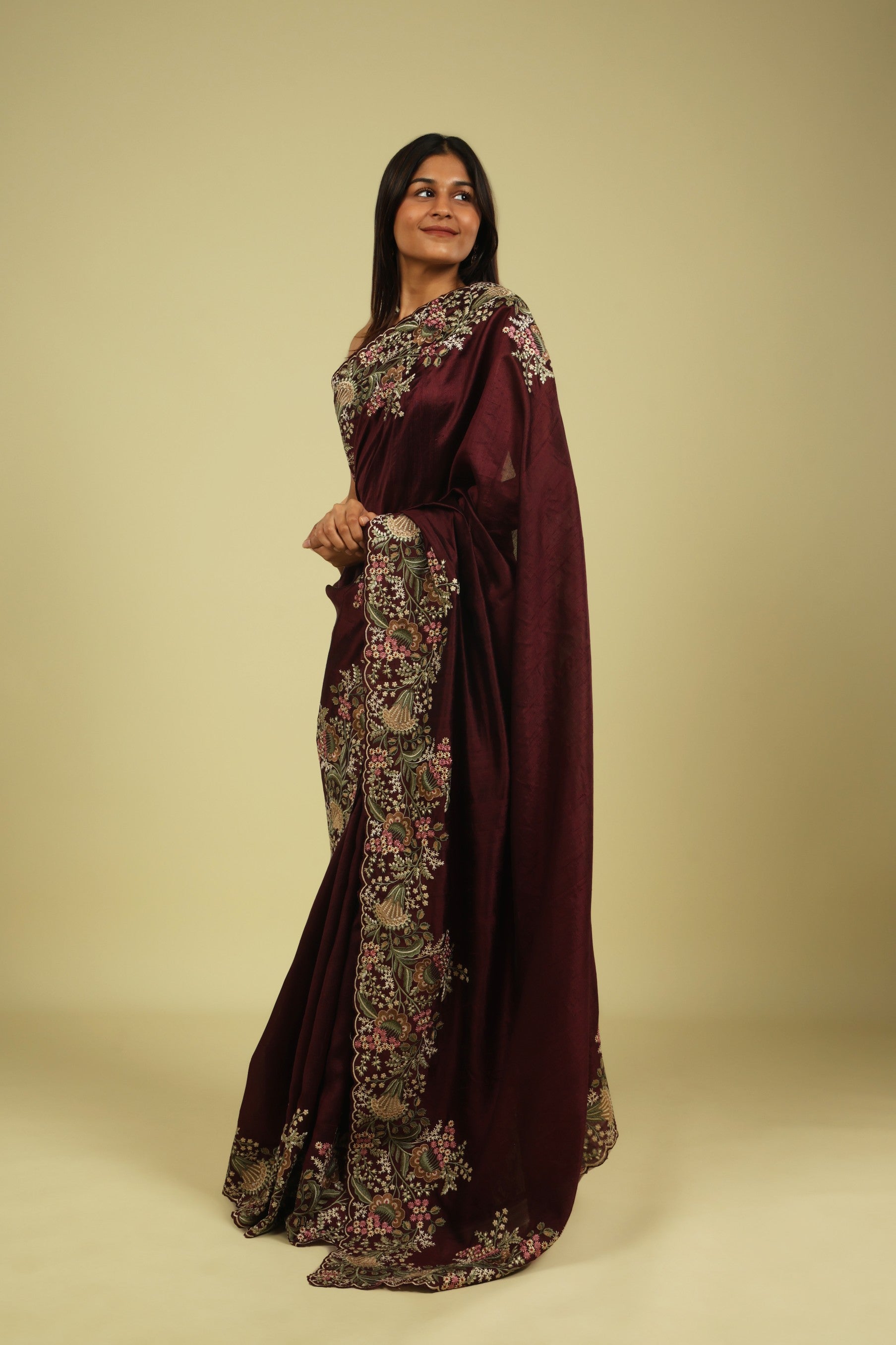 Dark Wine Handloom Tussar Saree with Multi-Thread Embroidered Border - Mokshaa