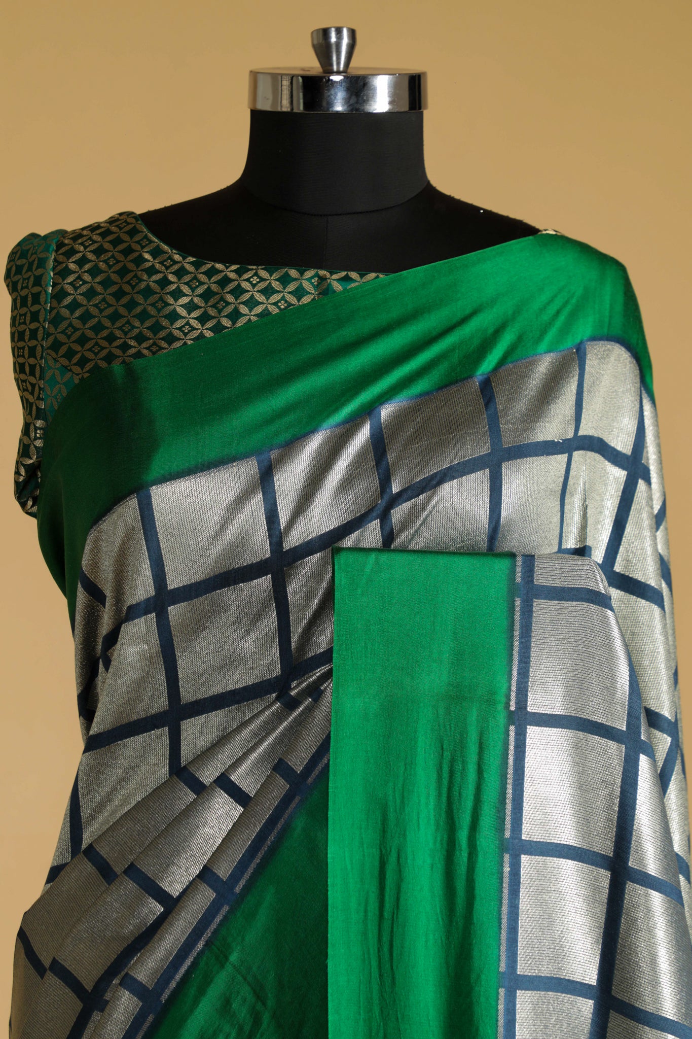 Ash Blue Handloom Silk Saree with Silver Zari Geometric Weaving - Mokshaa