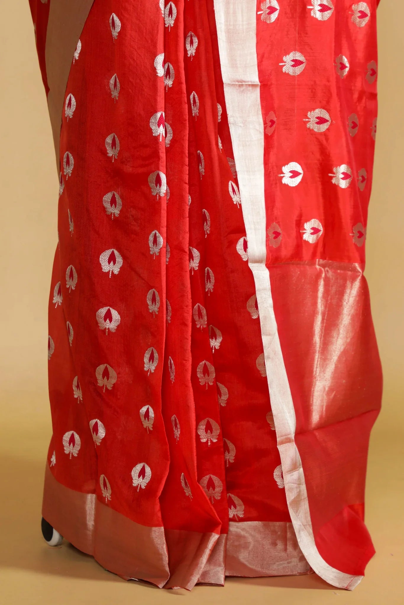 Orange Banarasi Chanderi Silk Saree with Silver & Thread Motifs - Mokshaa