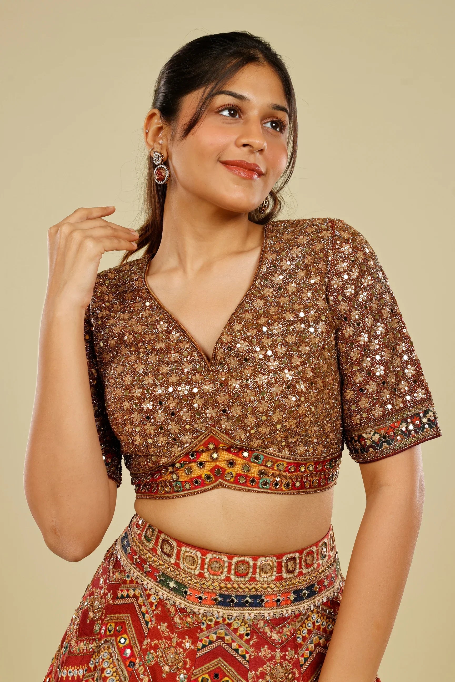 Rust Printed Silk Lehenga Set with Sequin & Kutdana Embroidery - Mokshaa