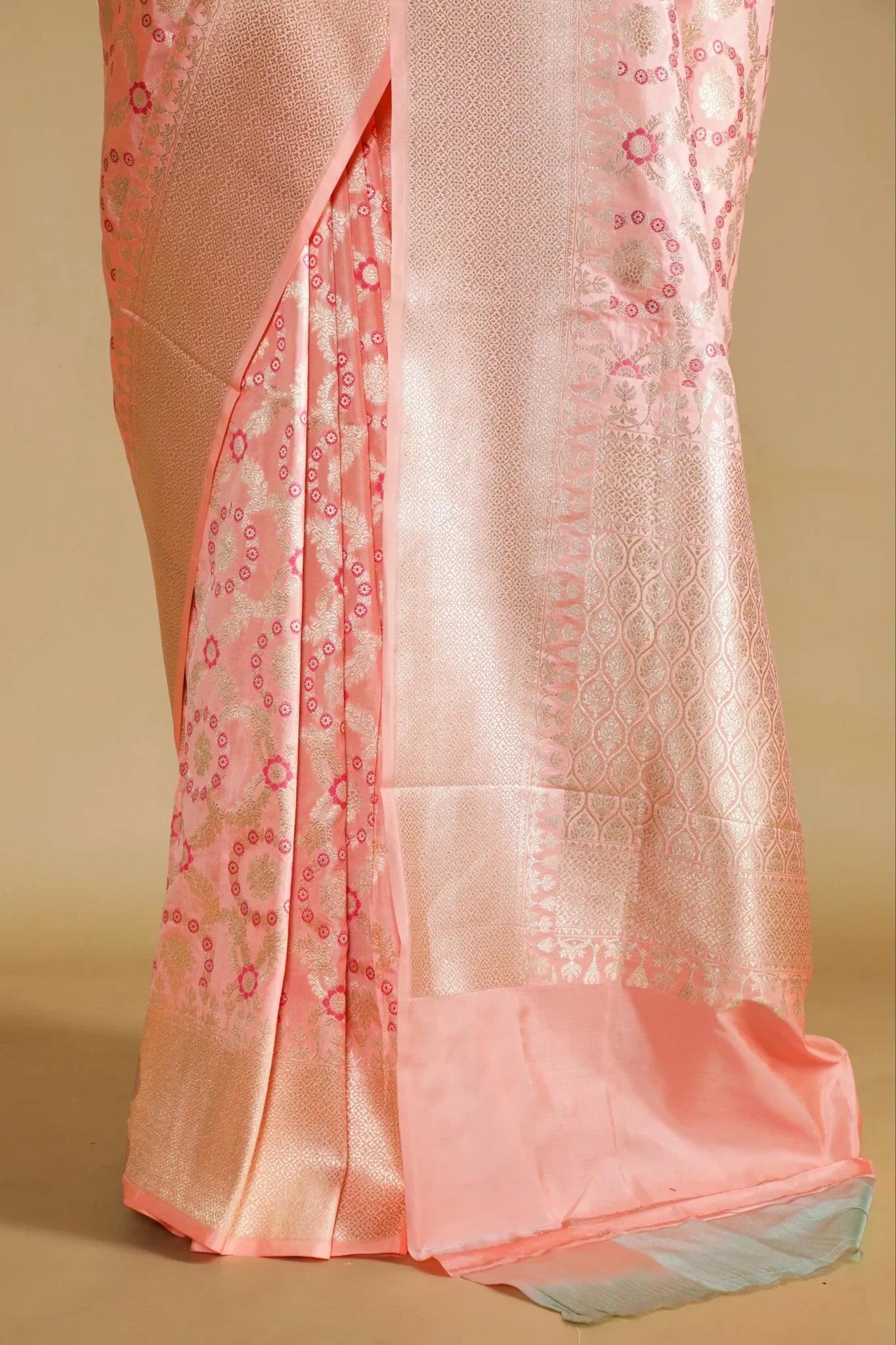 Peach Banarasi Silk Saree with All-Over Zari & Thread Weaving - Mokshaa