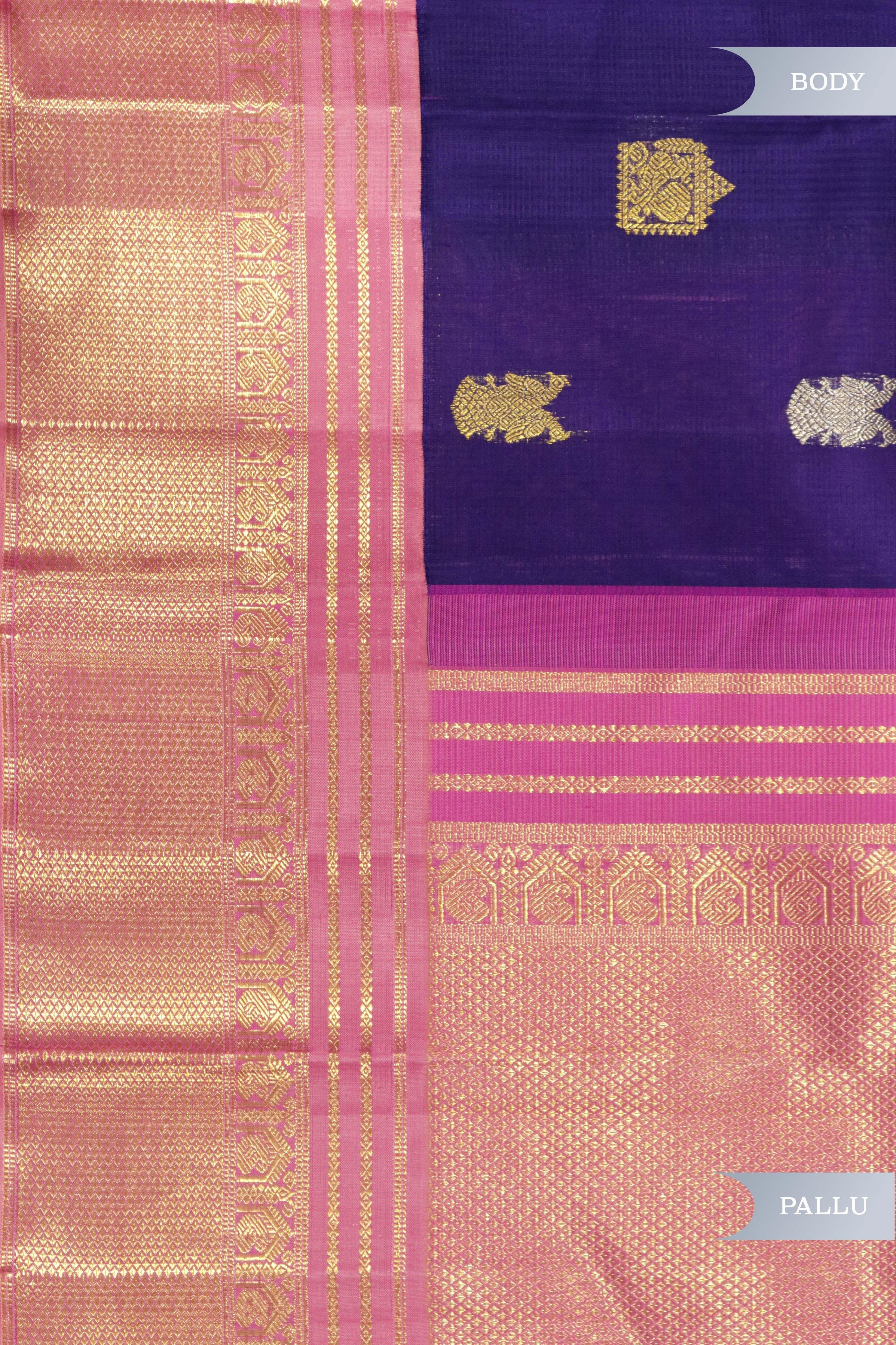 Royal Blue Kanchipuram Silk Saree with Silver & Gold Zari Motifs and Contrast Border - Mokshaa