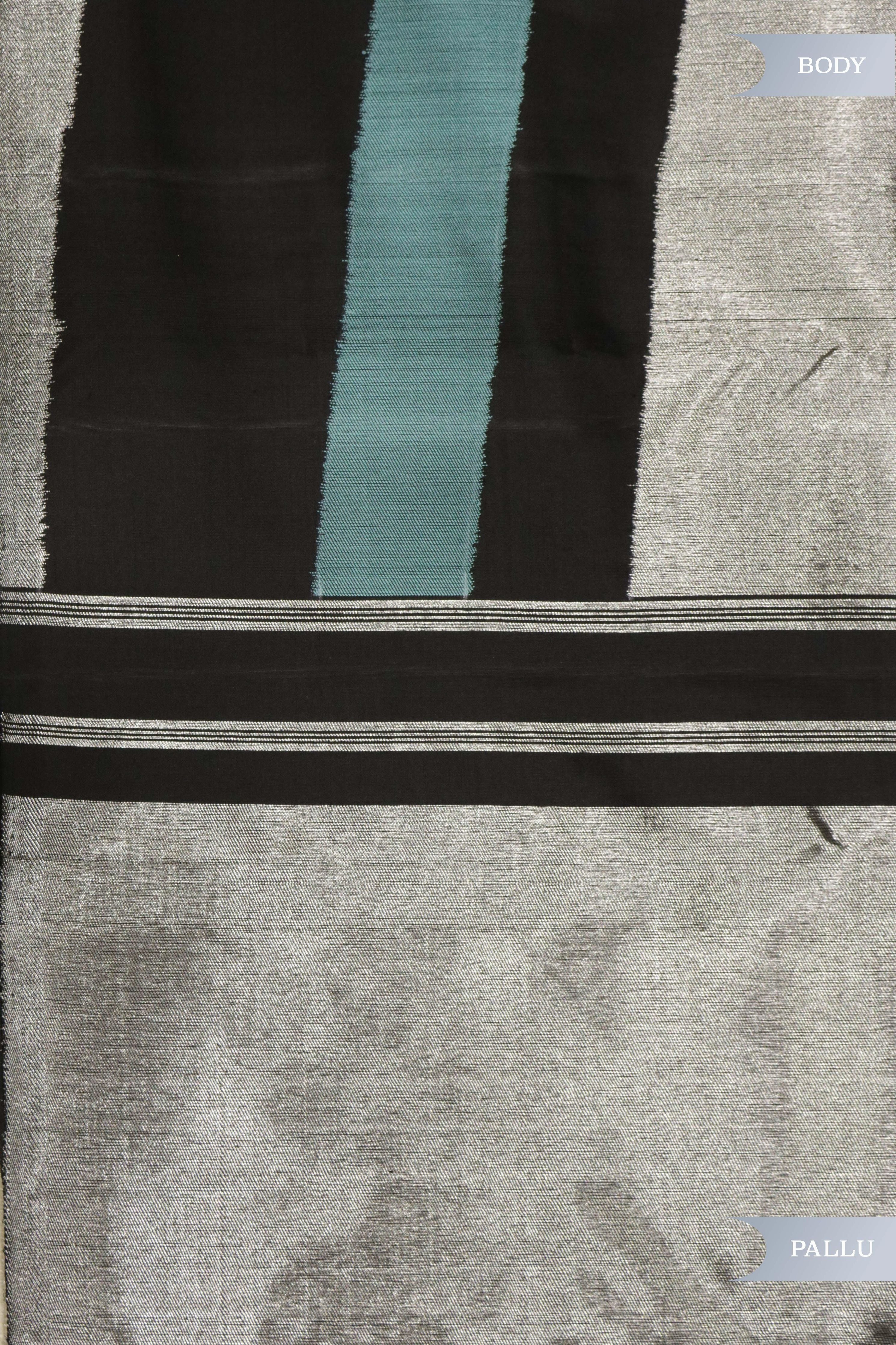 Black Kanchipuram Silk Saree with Silver & Blue Thread Striped Weaving - Mokshaa