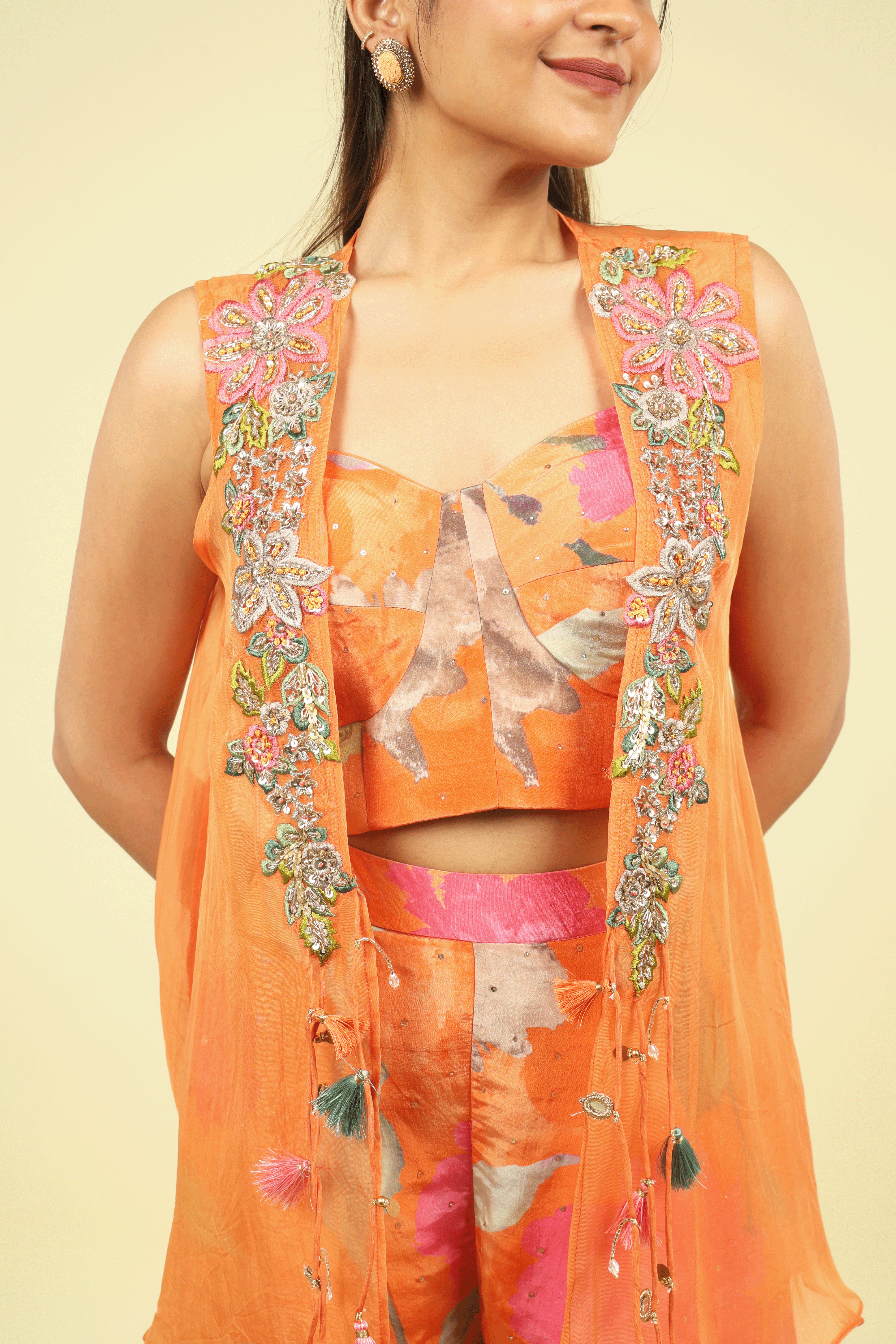 Orange Multi-Colour Printed Crepe Palazzo Set with Organza Jacket - Mokshaa