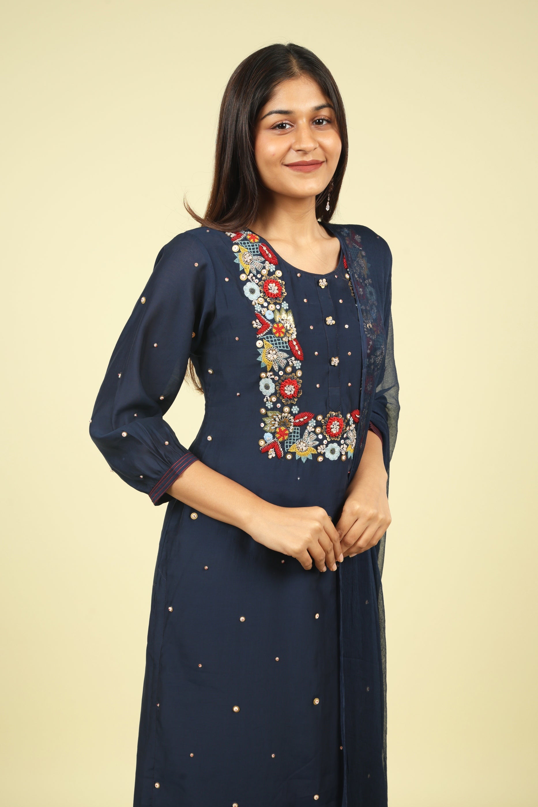 Navy Embroidered Mul Chanderi Salwar Suit - Mokshaa