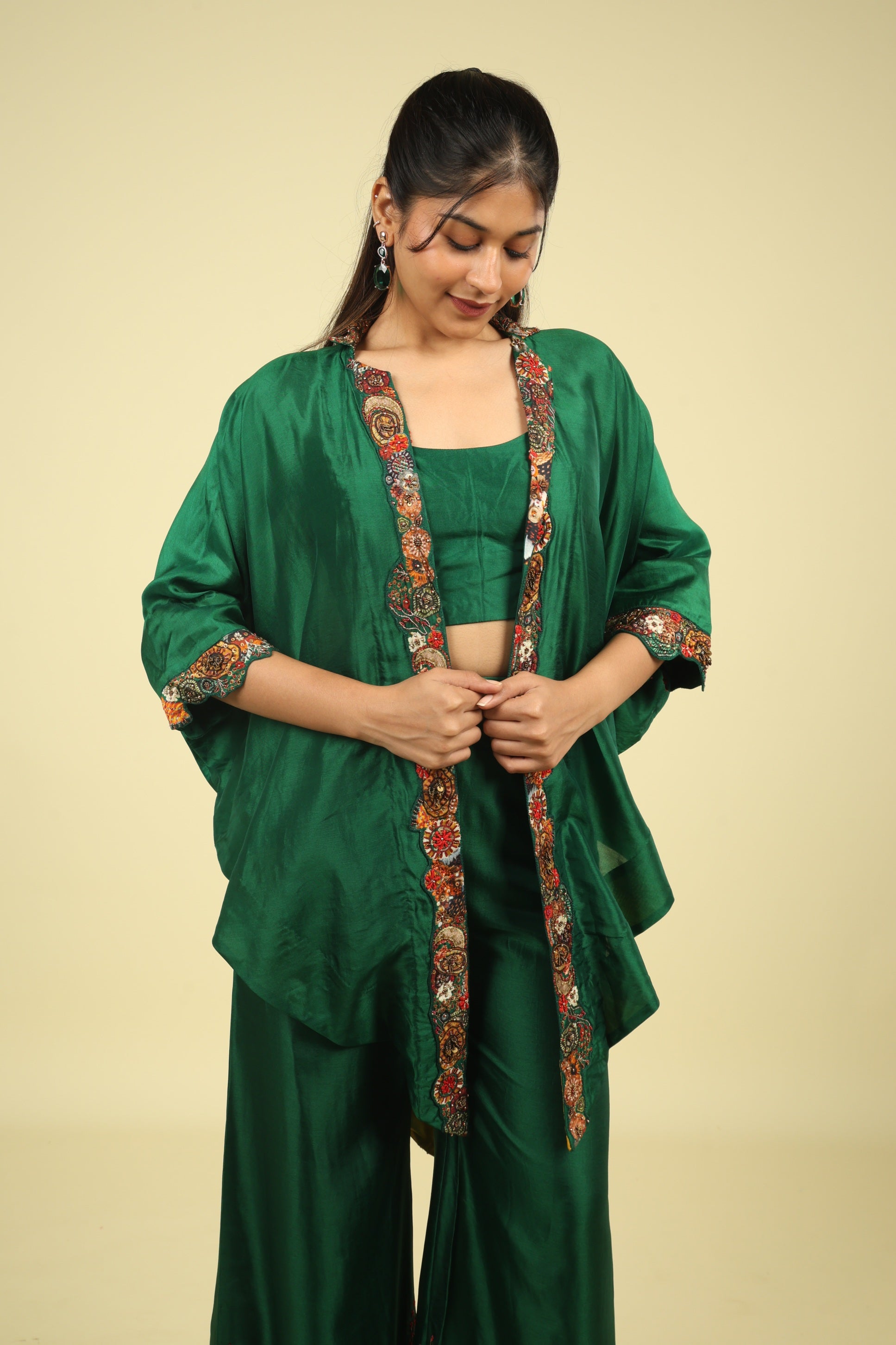 Green Silk Co-Ord Set with Placement Print & Metallic Embroidery - Mokshaa