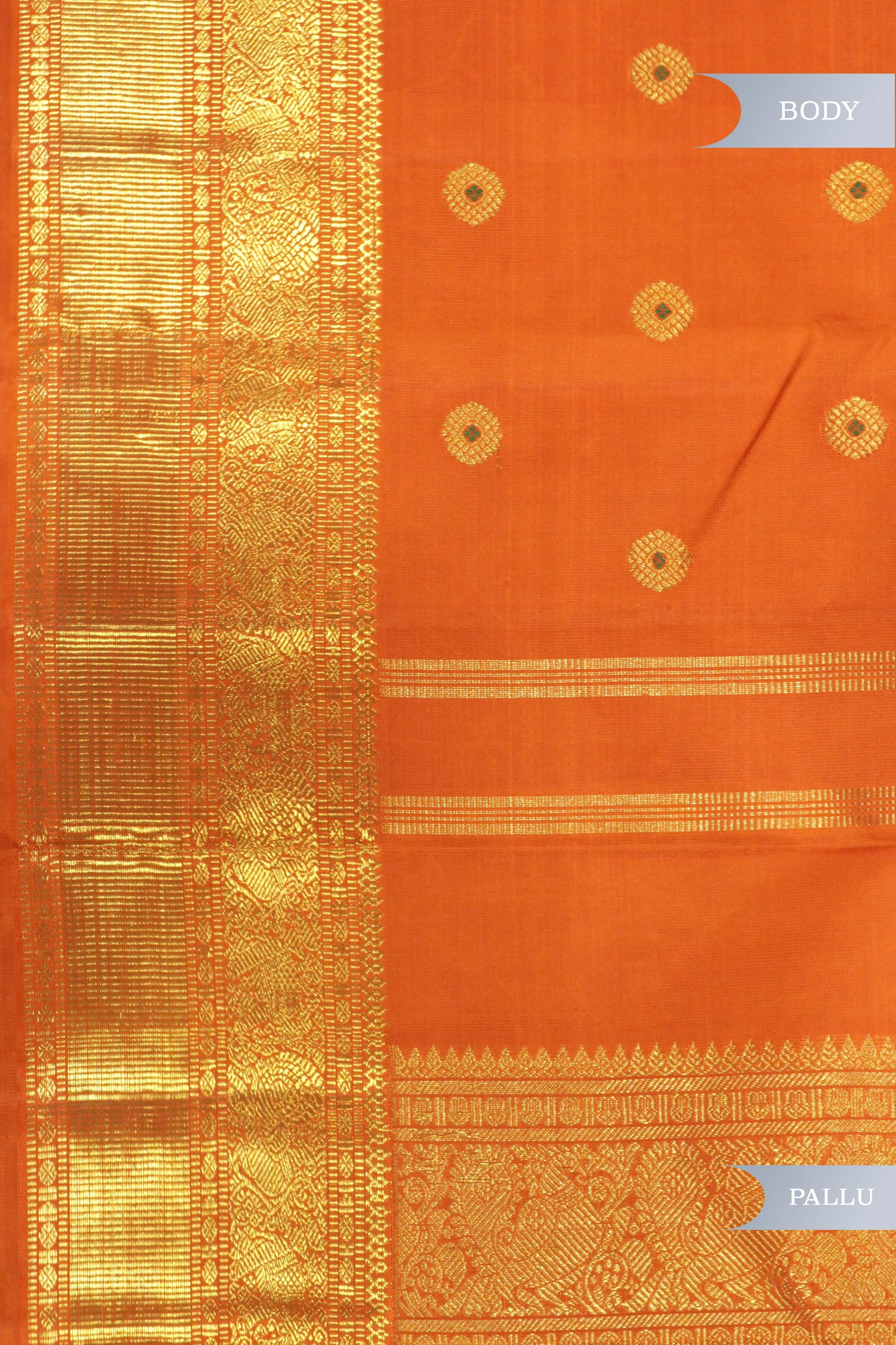 Orange Kanchipuram Silk Saree with All-Over Motifs and Zari Border - Mokshaa