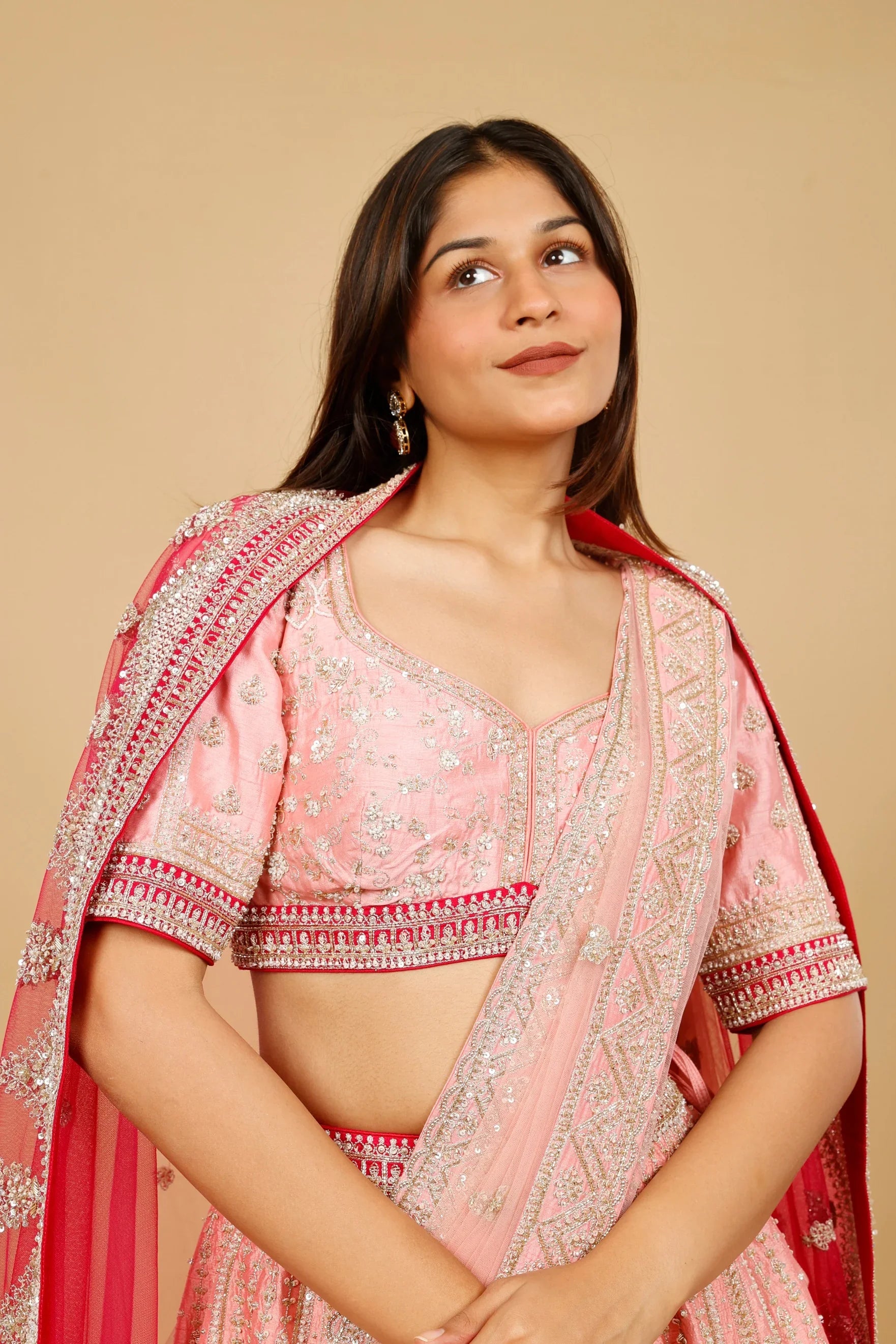 Pink Ombre Raw Silk Bridal Lehenga Set with Zari, Sequin & Zardozi Embroidery - Mokshaa