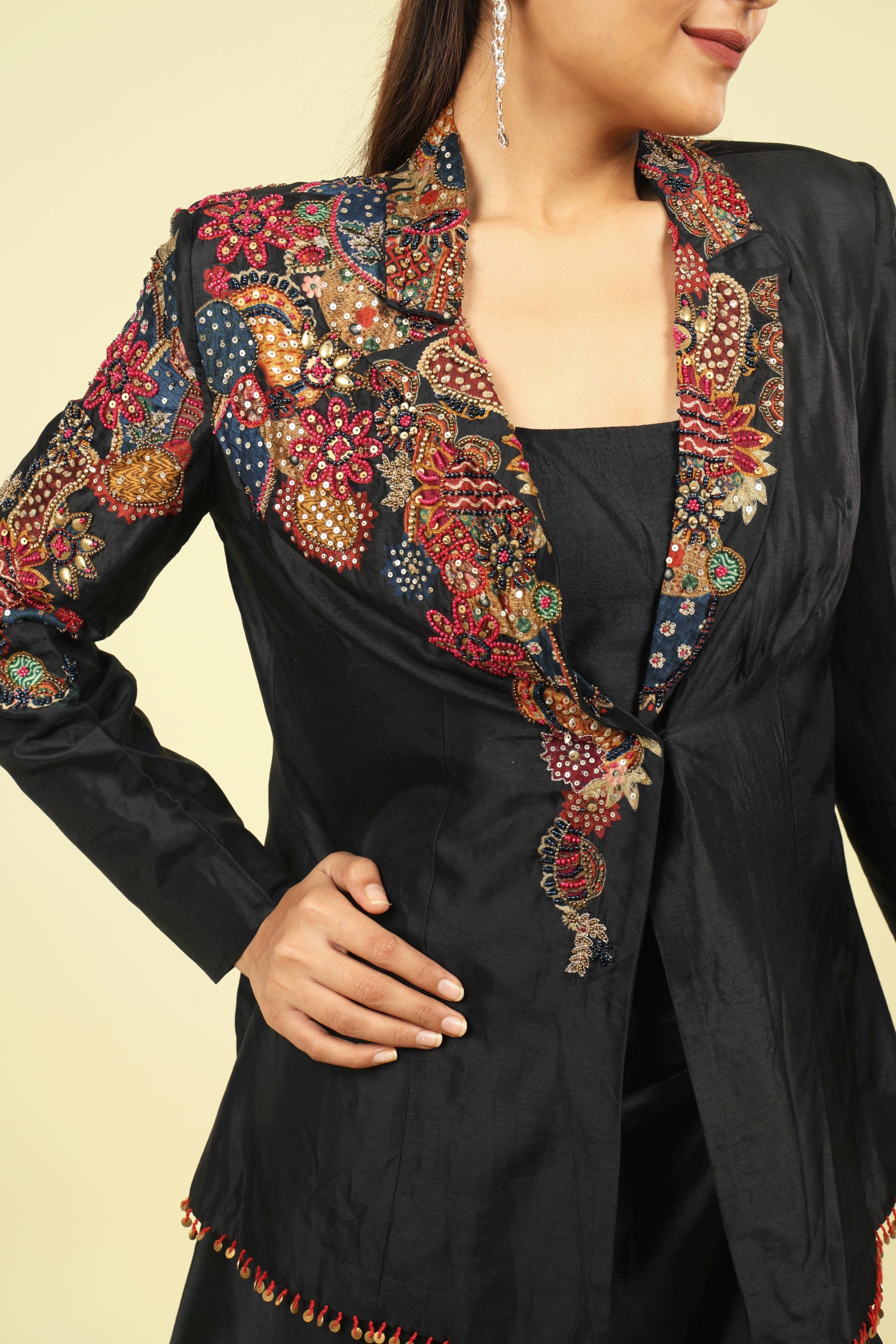 Black Silk Blazer & Draped Skirt Set with Pearl & Sequin Embroidery - Mokshaa