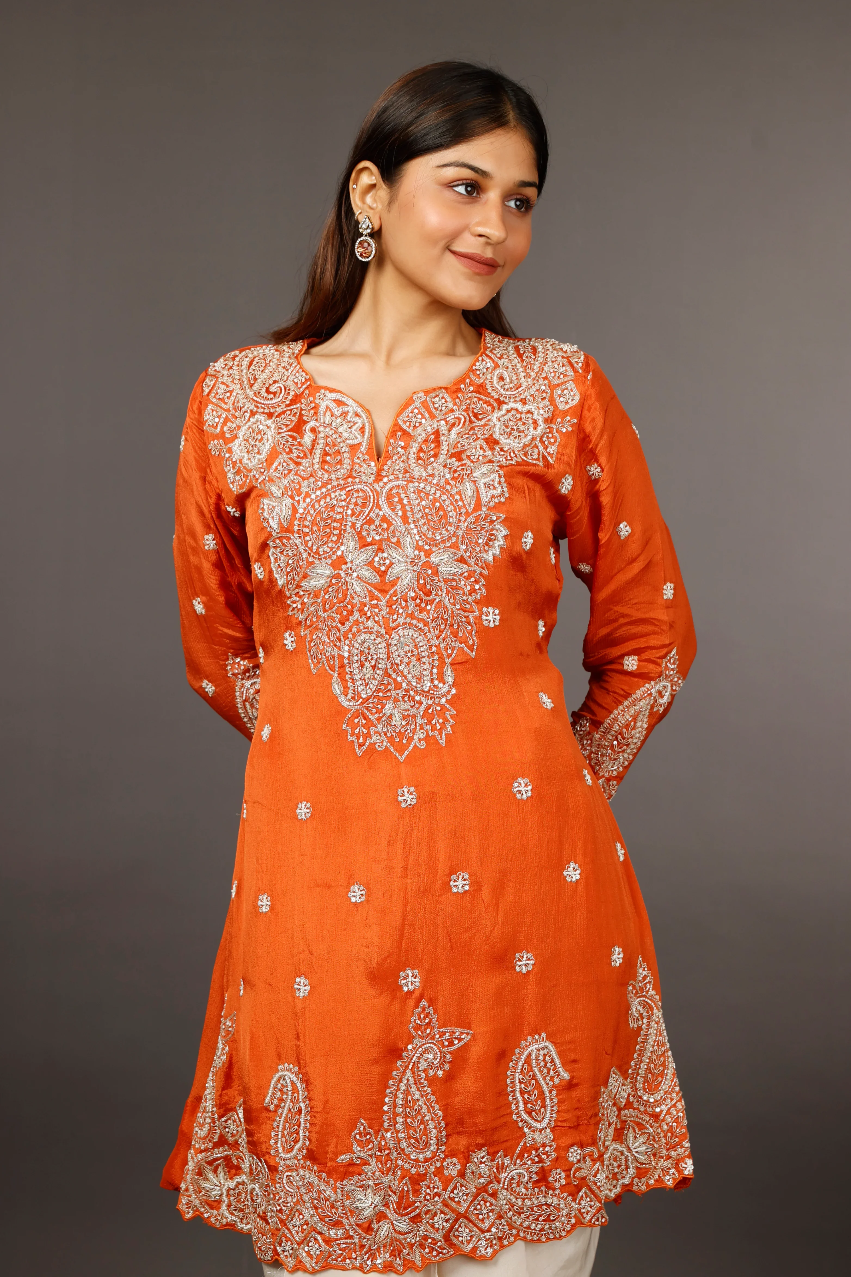 Rust Chinon Silk Indo-Western Kurta with Cream Dhoti Pants - Mokshaa