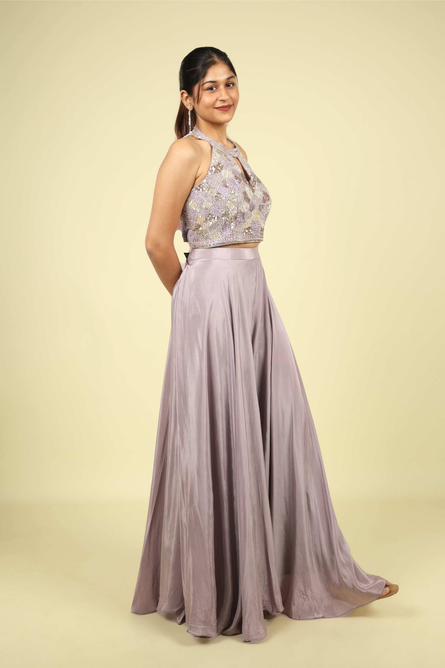 Lavender Embroidered Crepe Halter Palazzo Set - Mokshaa