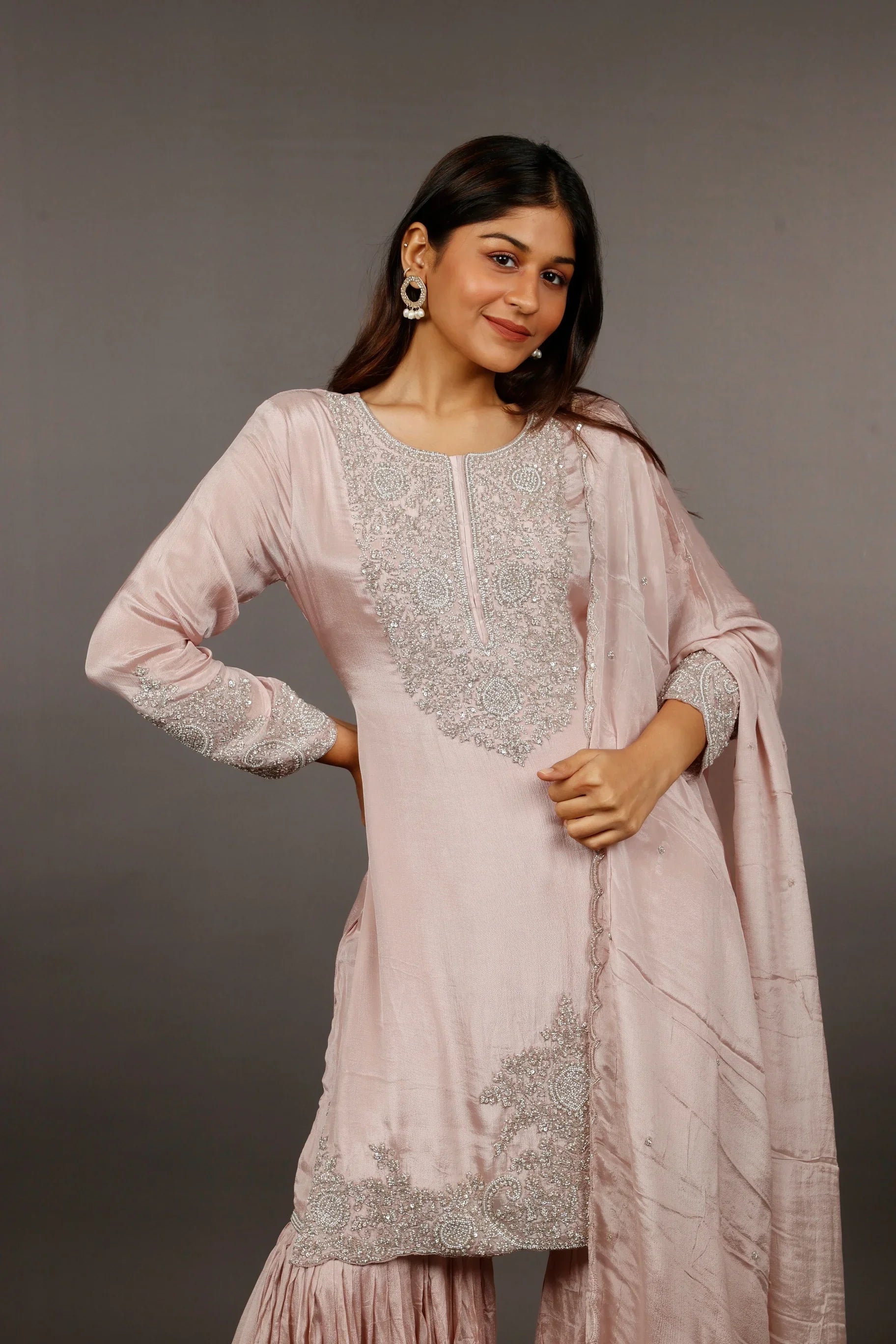 Blush Pink Chinon Silk Sharara Set with Kutdana & Pearl Embroidery - Mokshaa