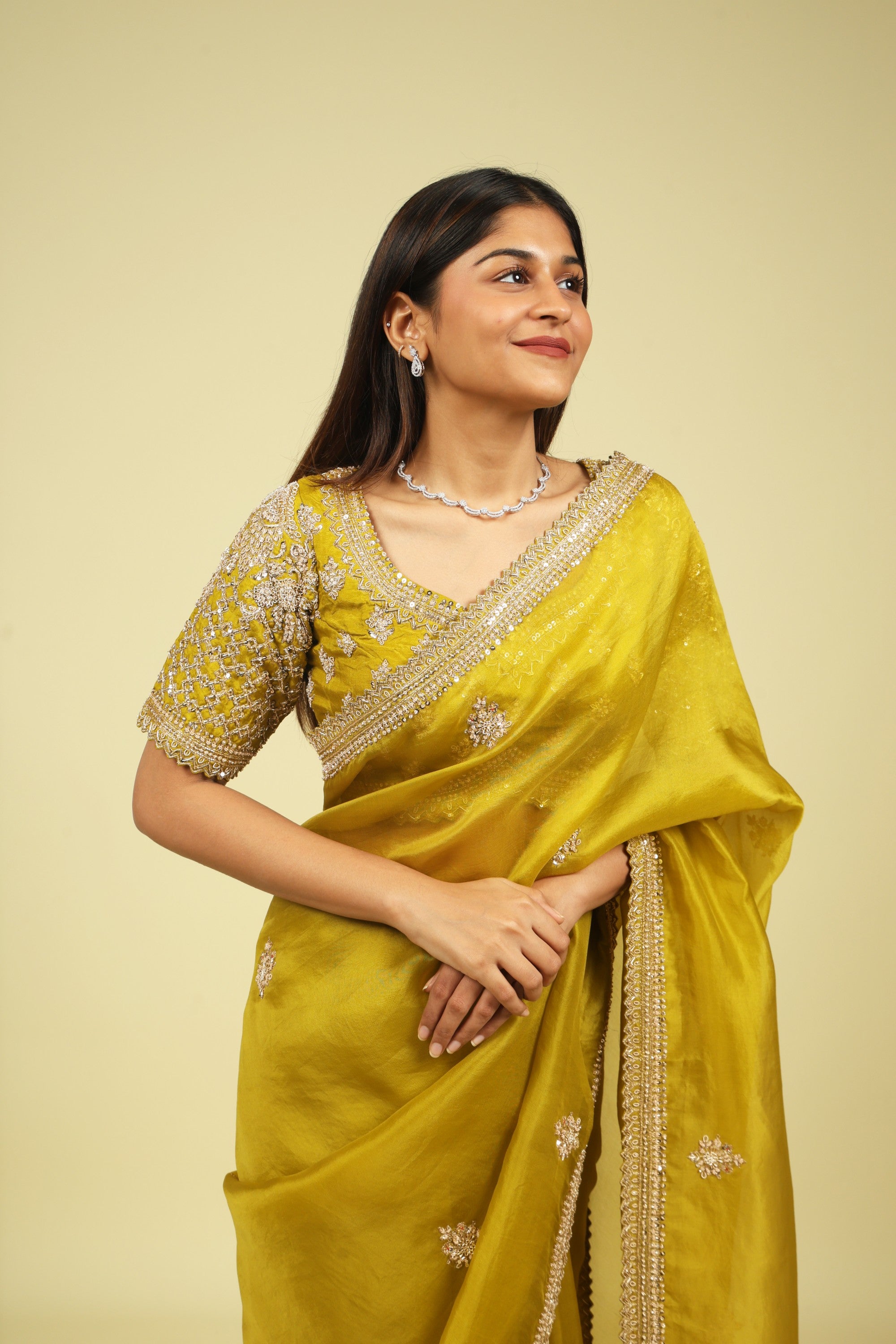 Lime Green Organza Saree with Zardoosi, Sequin Buttas & Embroidered Border - Mokshaa
