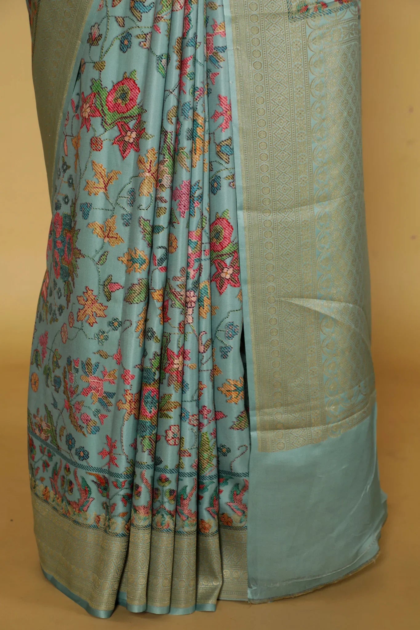 Turquoise Blue Banarasi Satin Silk Saree with All-Over Digital Print & Zari Border - Mokshaa