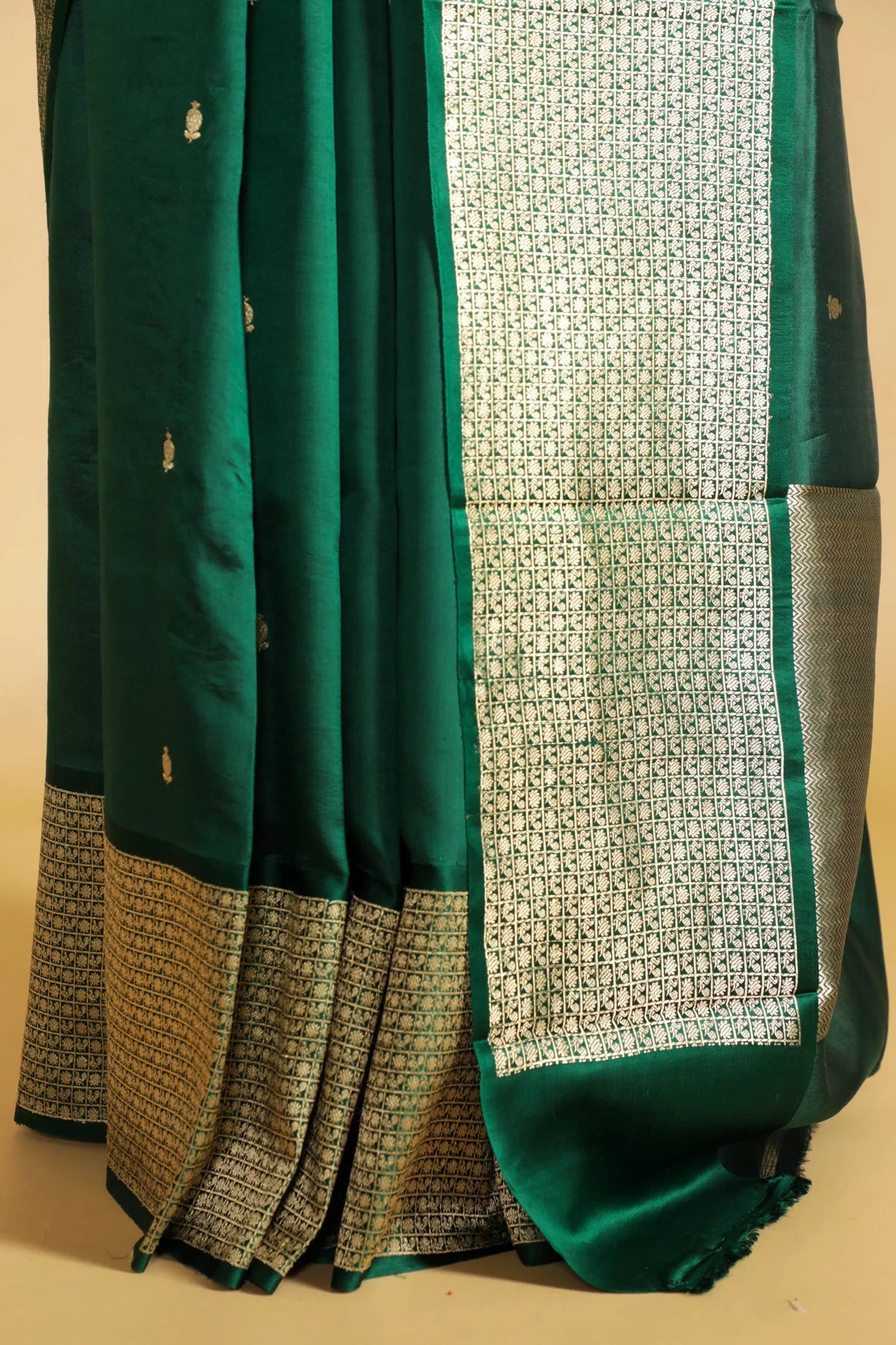 Bottle Green Banarasi Silk Saree with All-Over Buttas & Zari Border - Mokshaa