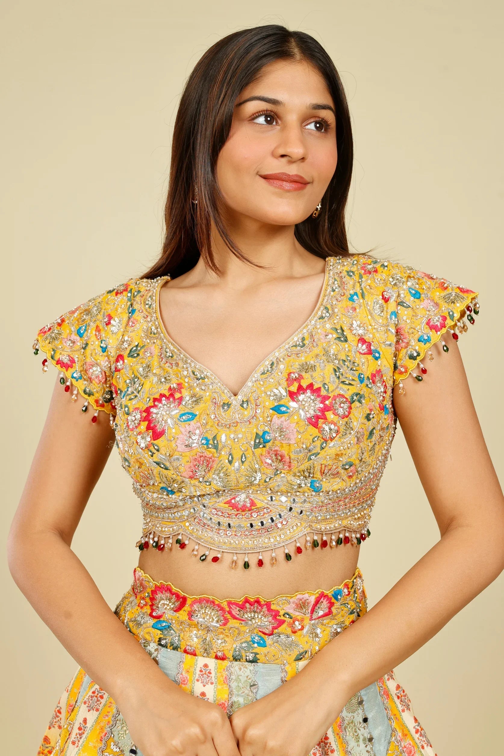 Multicolour Printed Silk Patchwork Lehenga Set with Mirror & Zari Embroidery - Mokshaa