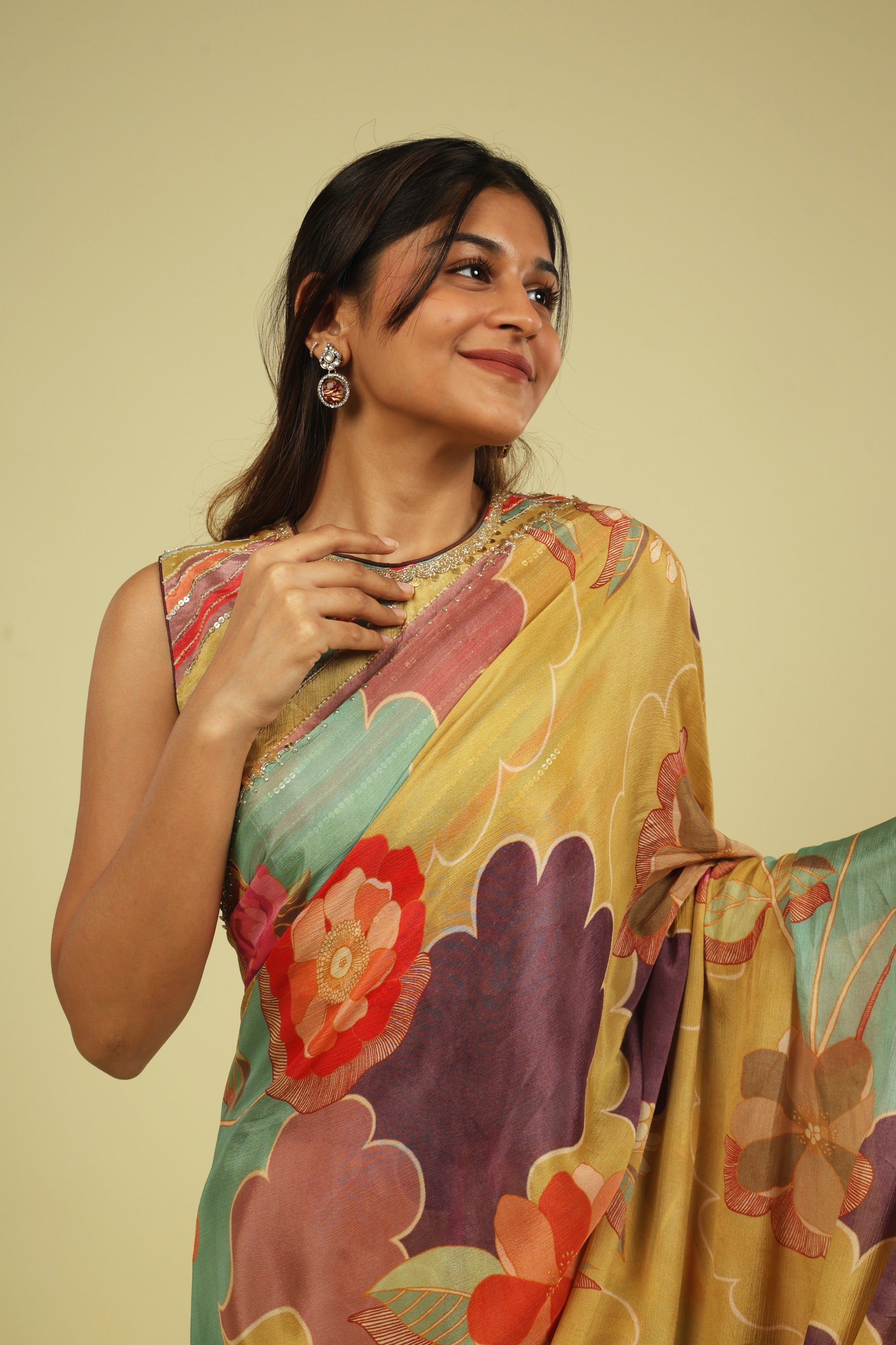 Multicolour Silky Georgette Saree with Digital Print & Bead-Sequin Border - Mokshaa