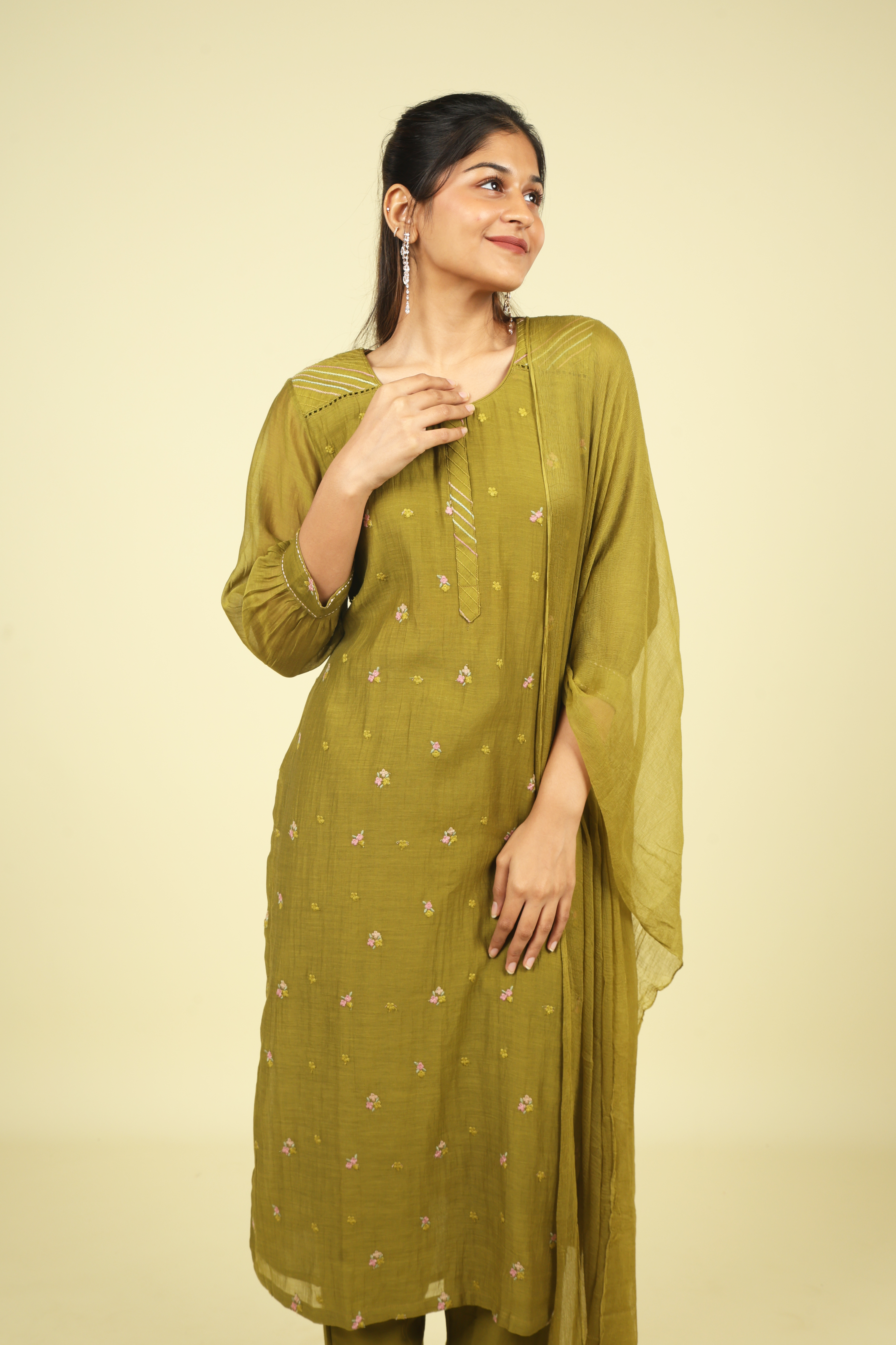 Olive Green Mul Chanderi Straight Cut Salwar Set with Chiffon Dupatta - Mokshaa