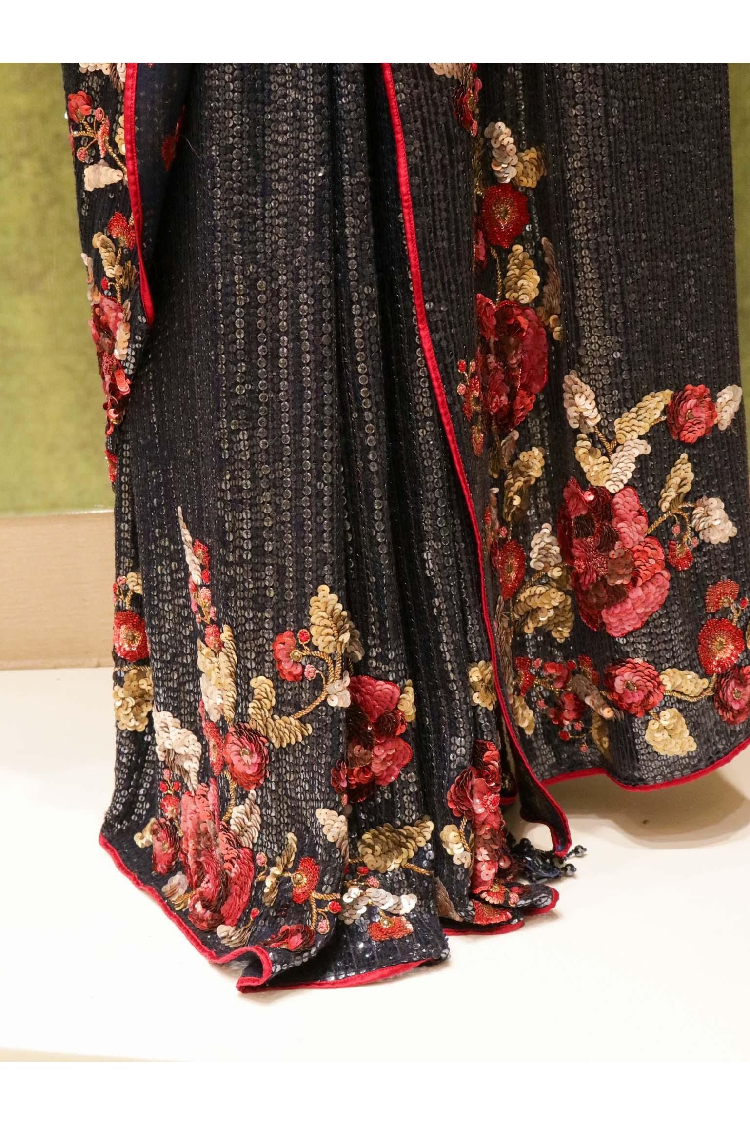 Navy Blue Georgette Saree with All-Over Sequins & Multicolour Sequin Border - Mokshaa
