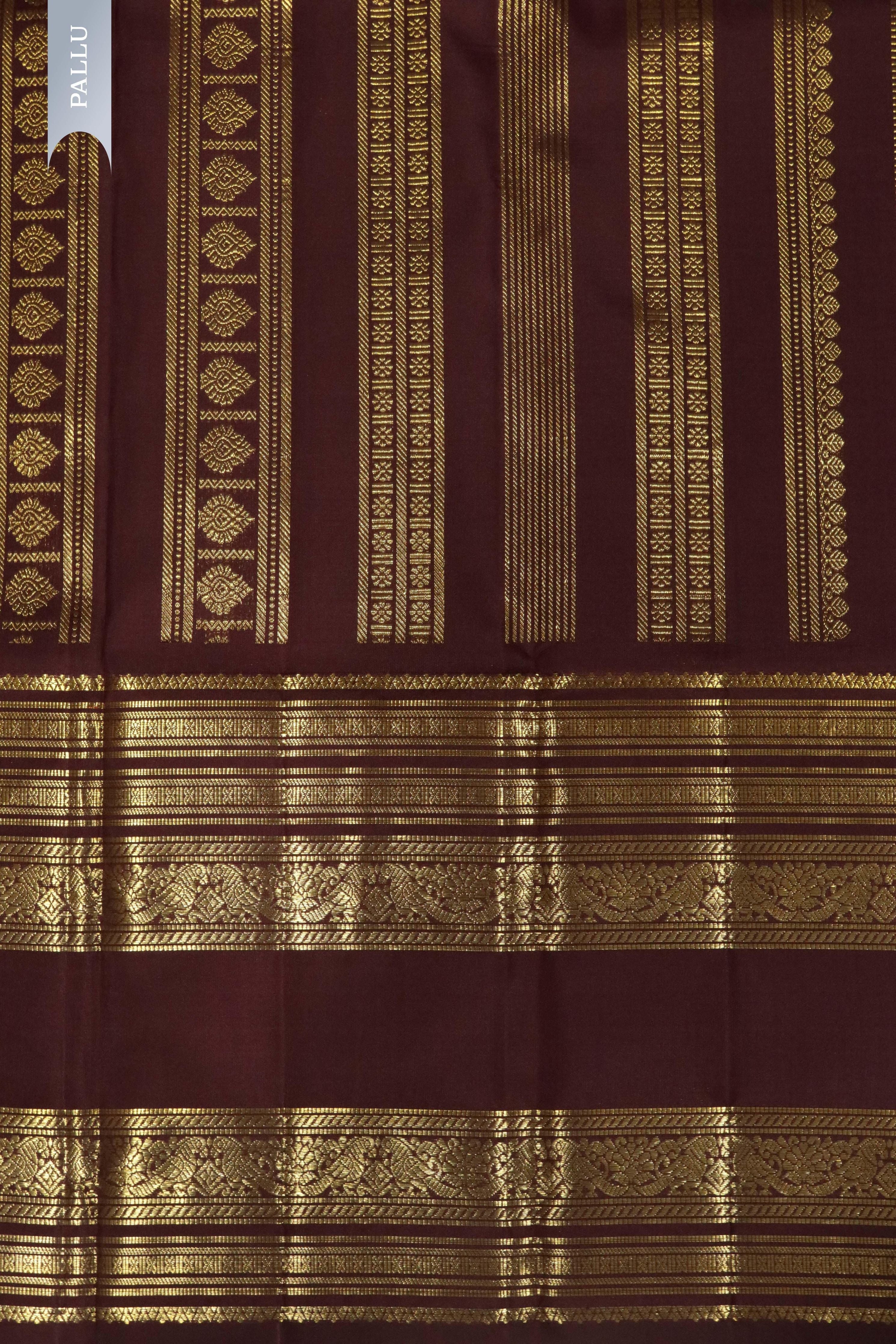 Dark Brown Kanchipuram Silk Saree with Zari Checks, Motifs & Long Zari Border - Mokshaa