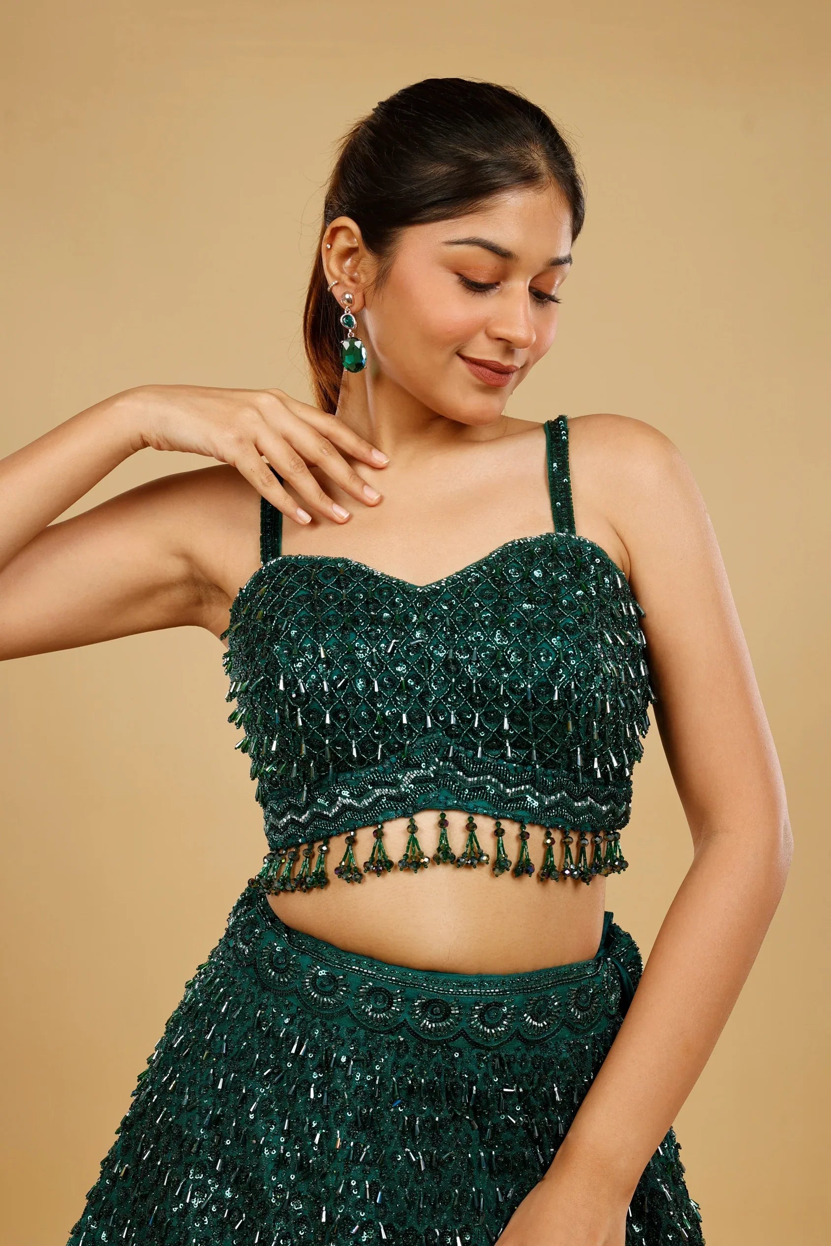 Bottle Green Net Lehenga Set with Sequin, Cutdana & Pearl Embroidery - Mokshaa