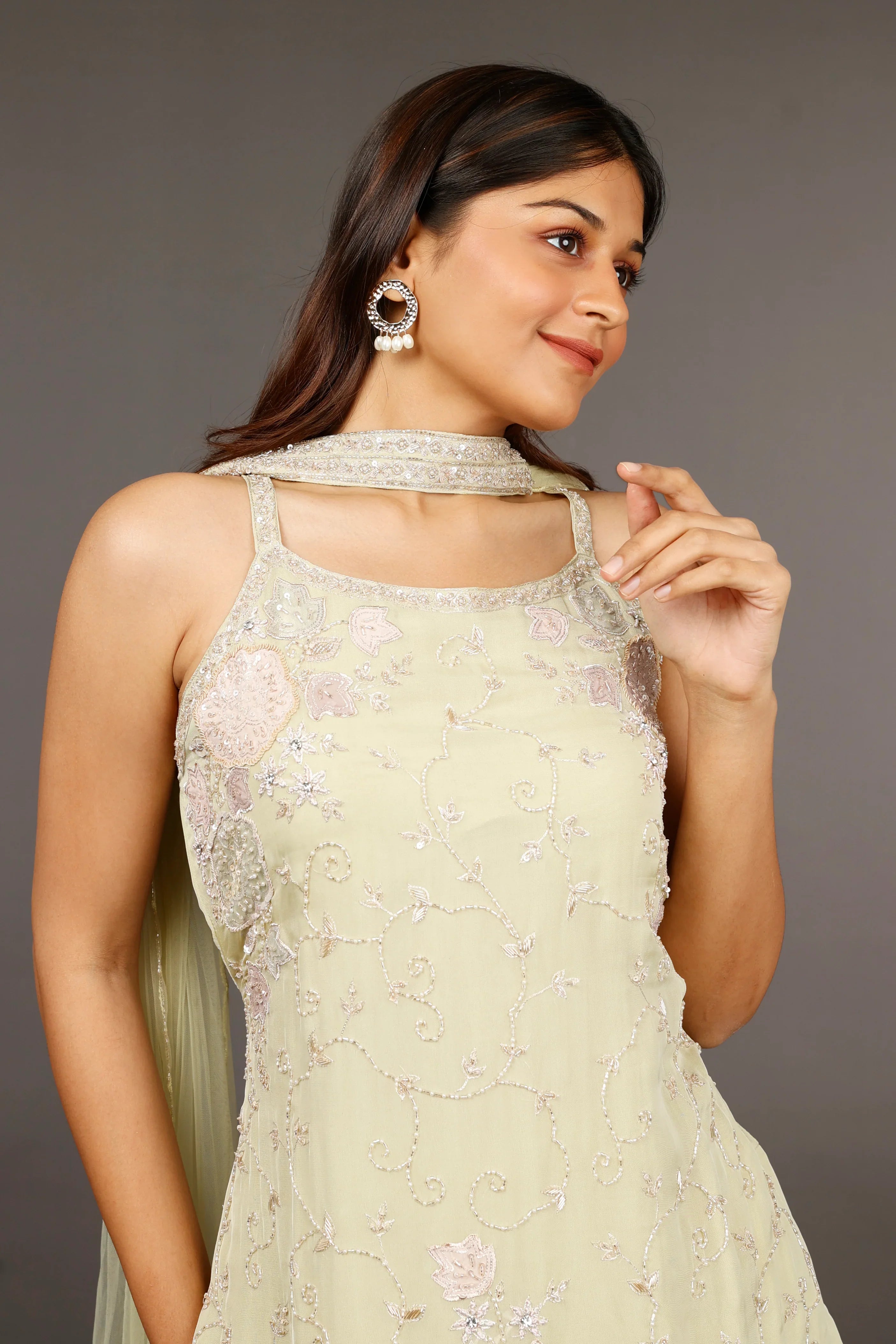Light Green Georgette Sharara Set with Shadow, Zari, Pearl, Cutdana & Sequin Embroidery - Mokshaa