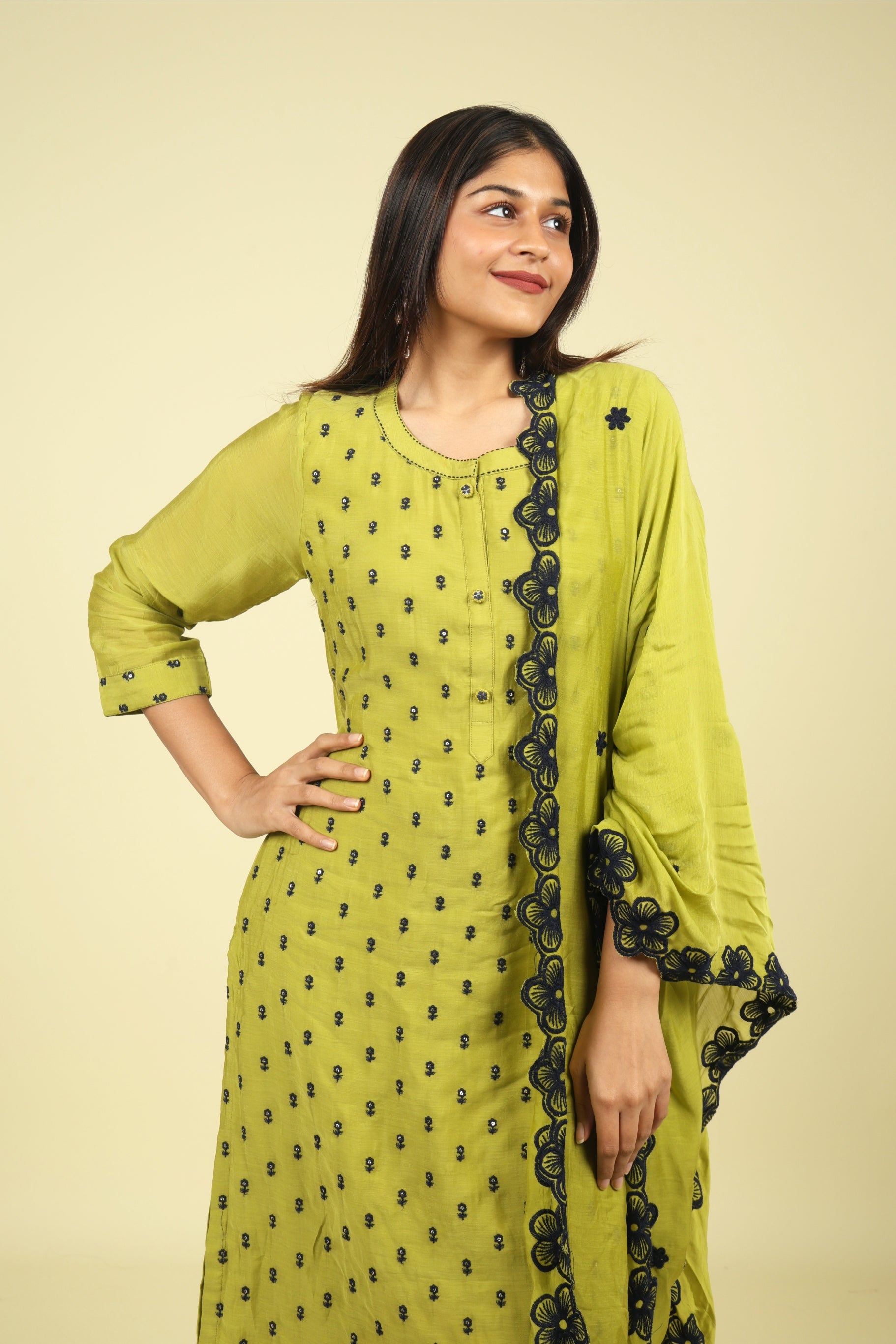 Olive Green Mul Chanderi Straight Cut Salwar Set with Navy Thread Embroidery - Mokshaa