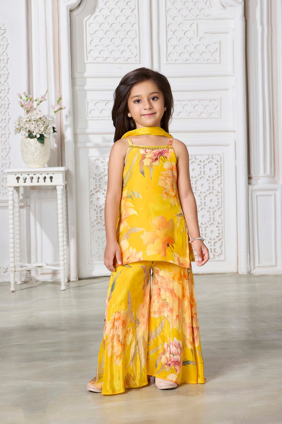 Yellow Floral Crepe Palazzo Set - Mokshaa