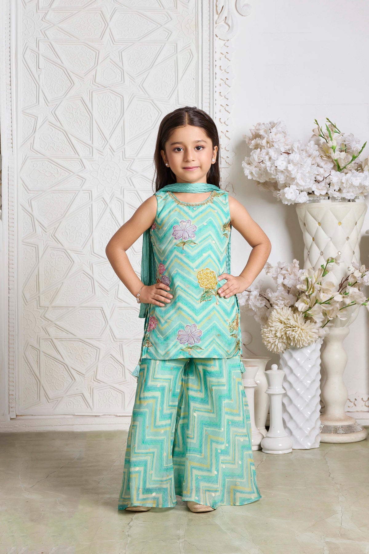 Sea Green Chevron Floral Organza Sharara Set - Mokshaa