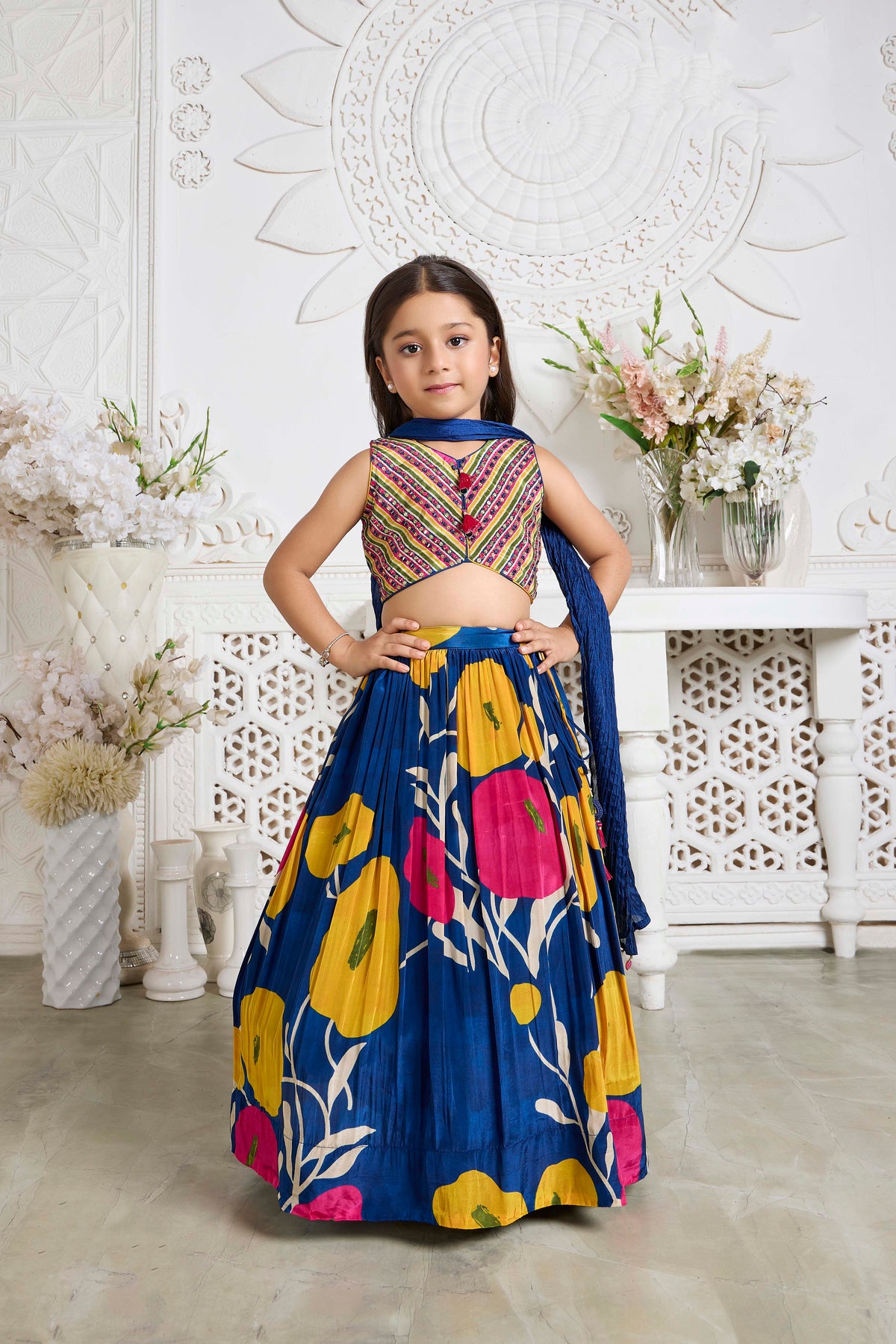 Blue Multicolor Floral Print Lehenga - Mokshaa
