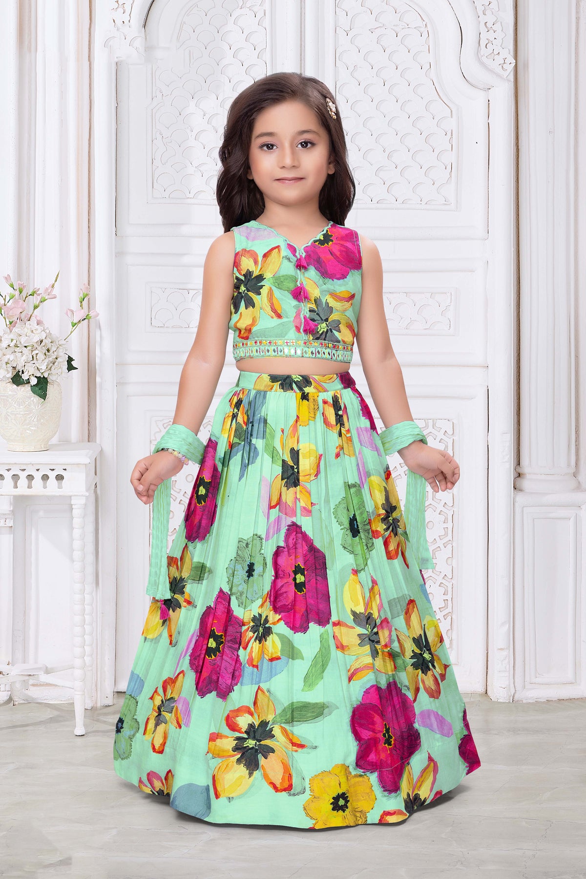 Mint Green Floral Print Crepe Lehenga - Mokshaa