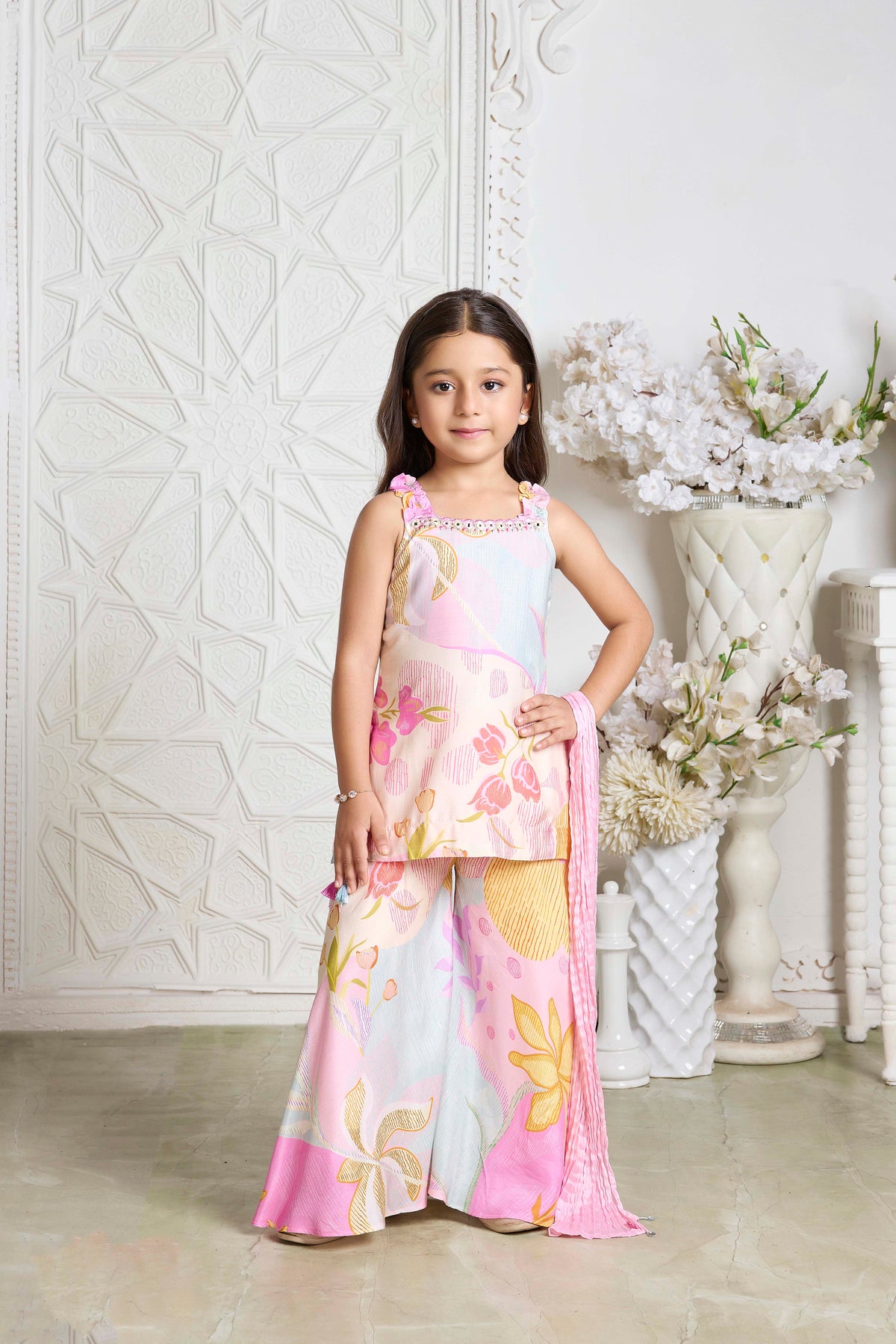 Pink Multicolor Floral Print Crepe Palazzo Set - Mokshaa