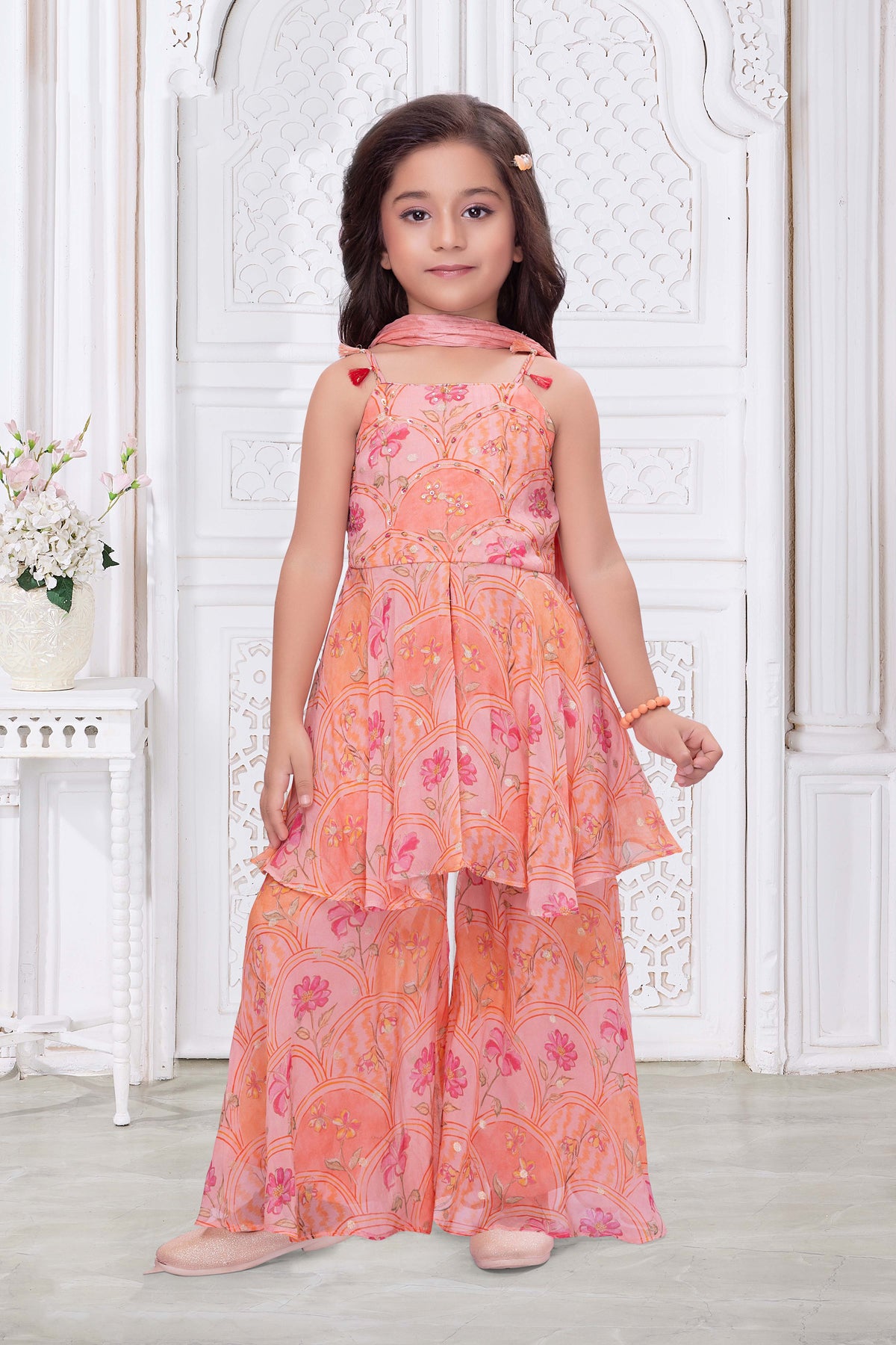 Peach Floral Print Organza Sharara Set - Mokshaa