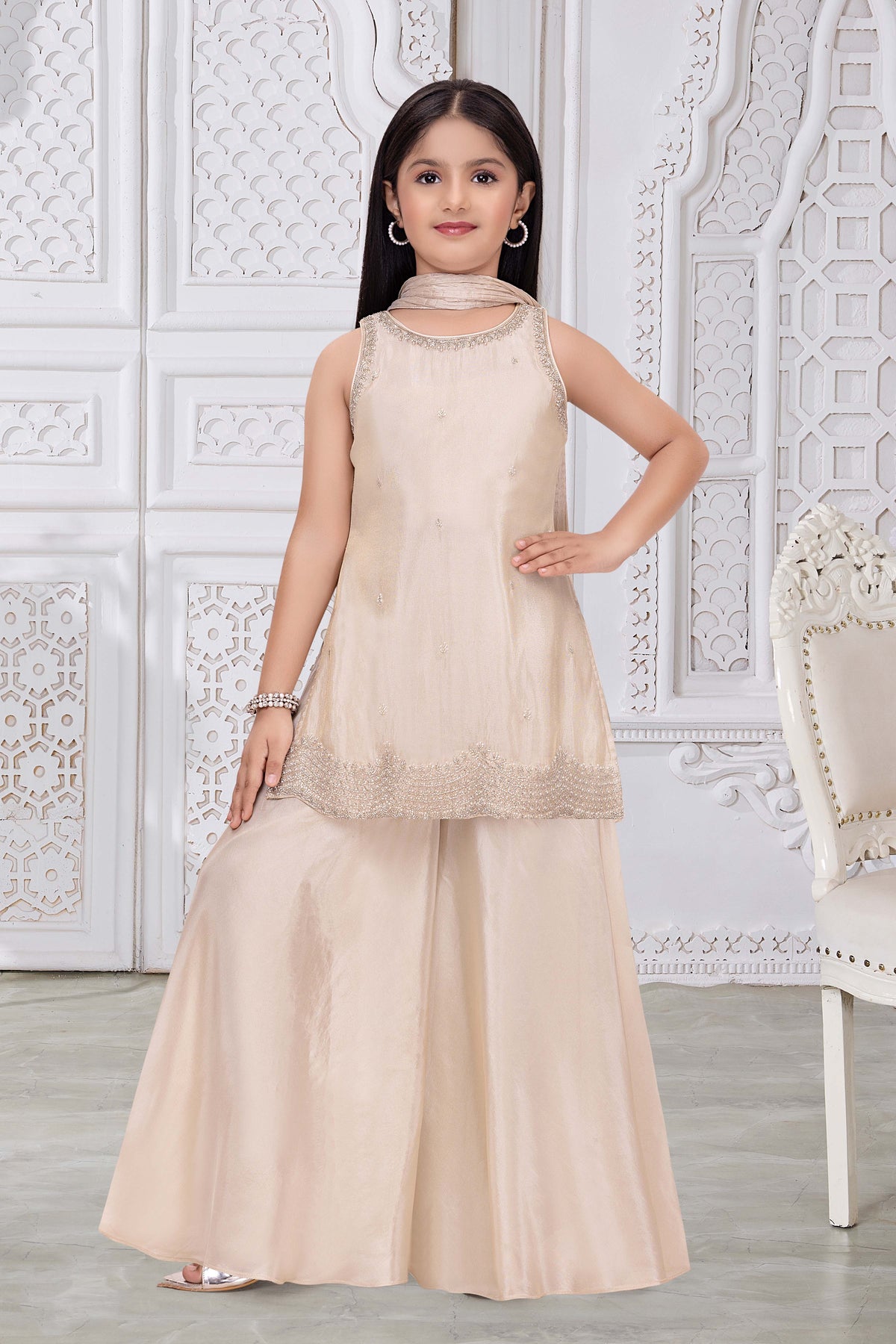 Cream Embroidered Palazzo Set - Mokshaa