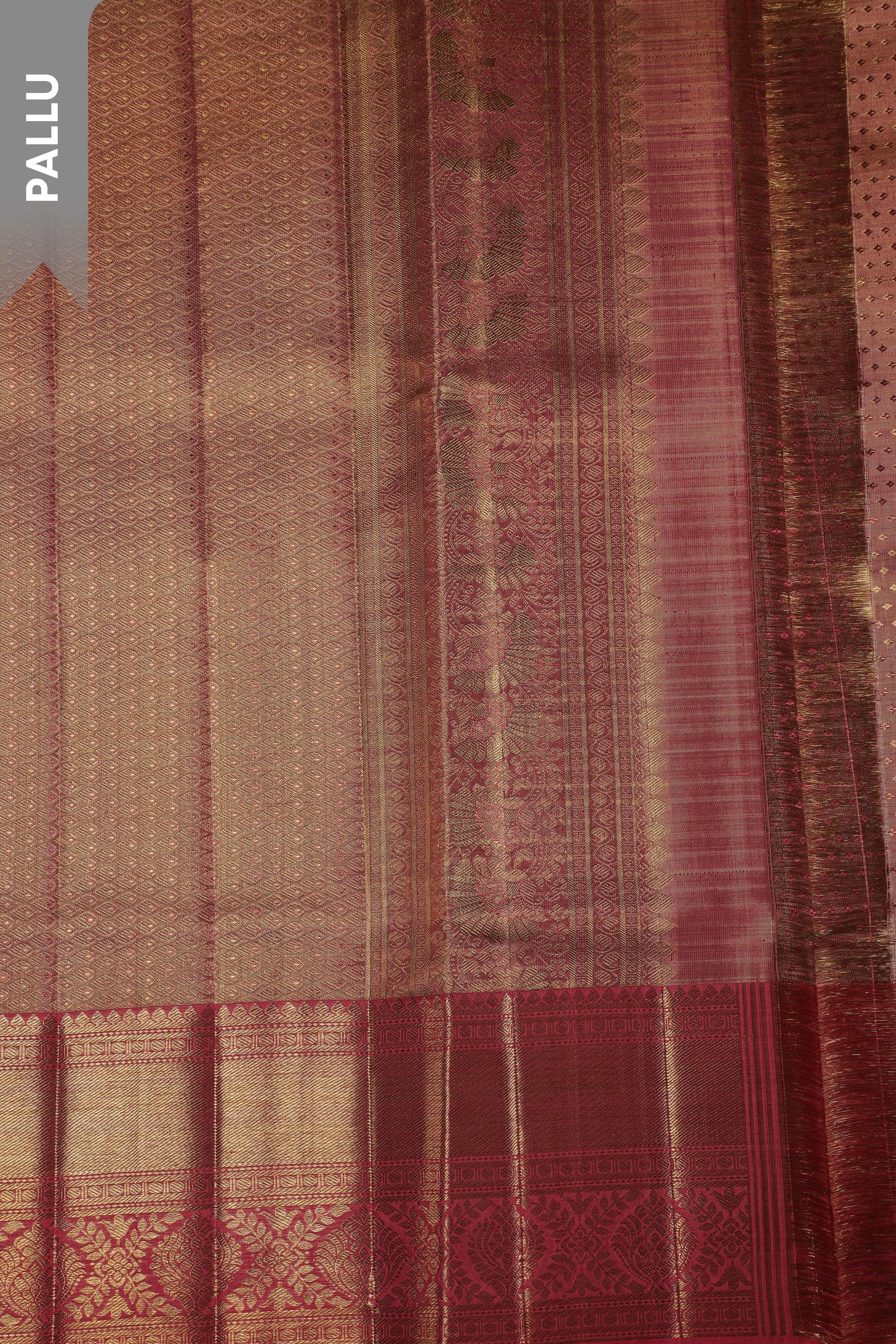 Antique Rose Gold Tissue Silk Saree with Floral Jaal and Peach Border - Mokshaa