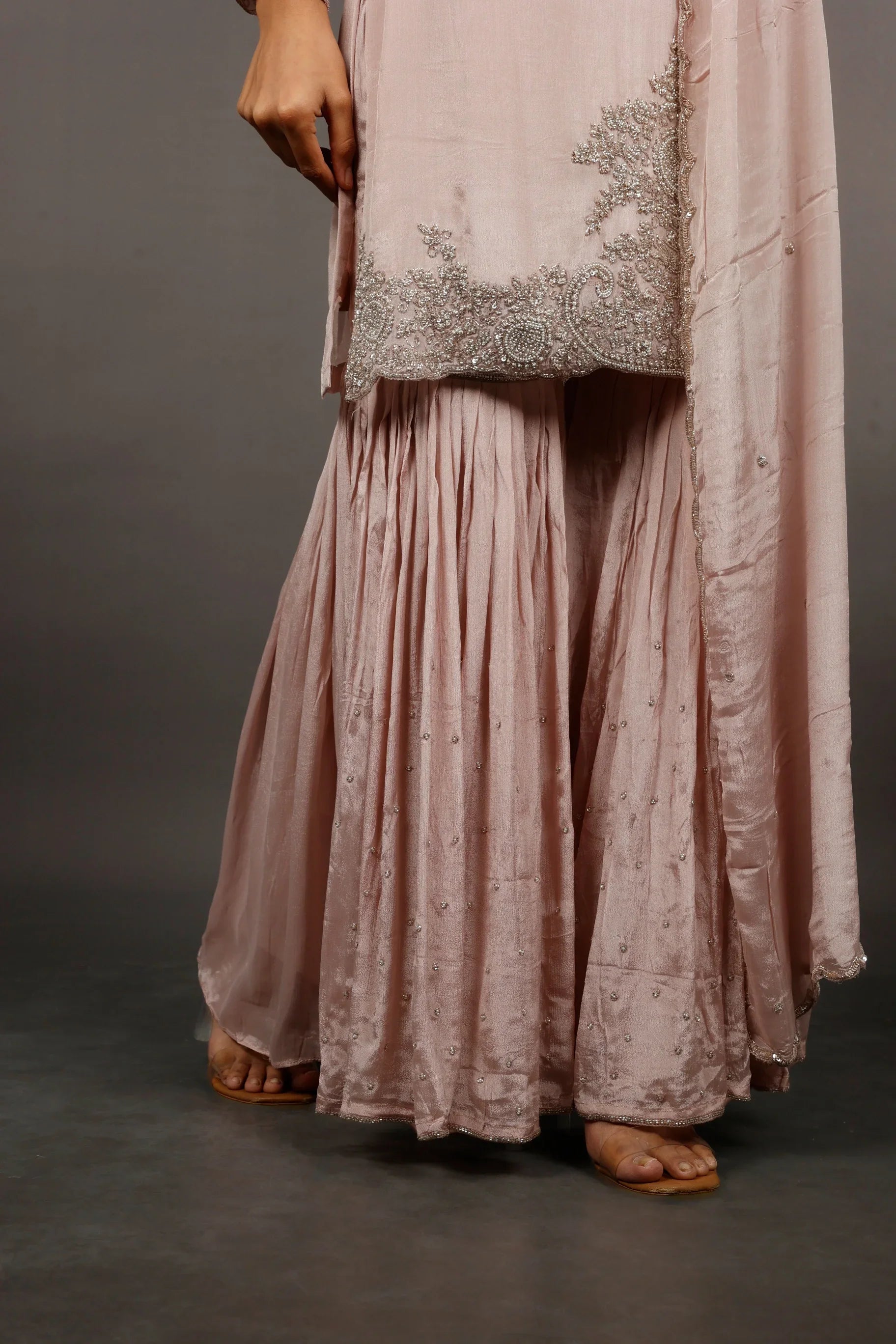 Blush Pink Chinon Silk Sharara Set with Kutdana & Pearl Embroidery - Mokshaa