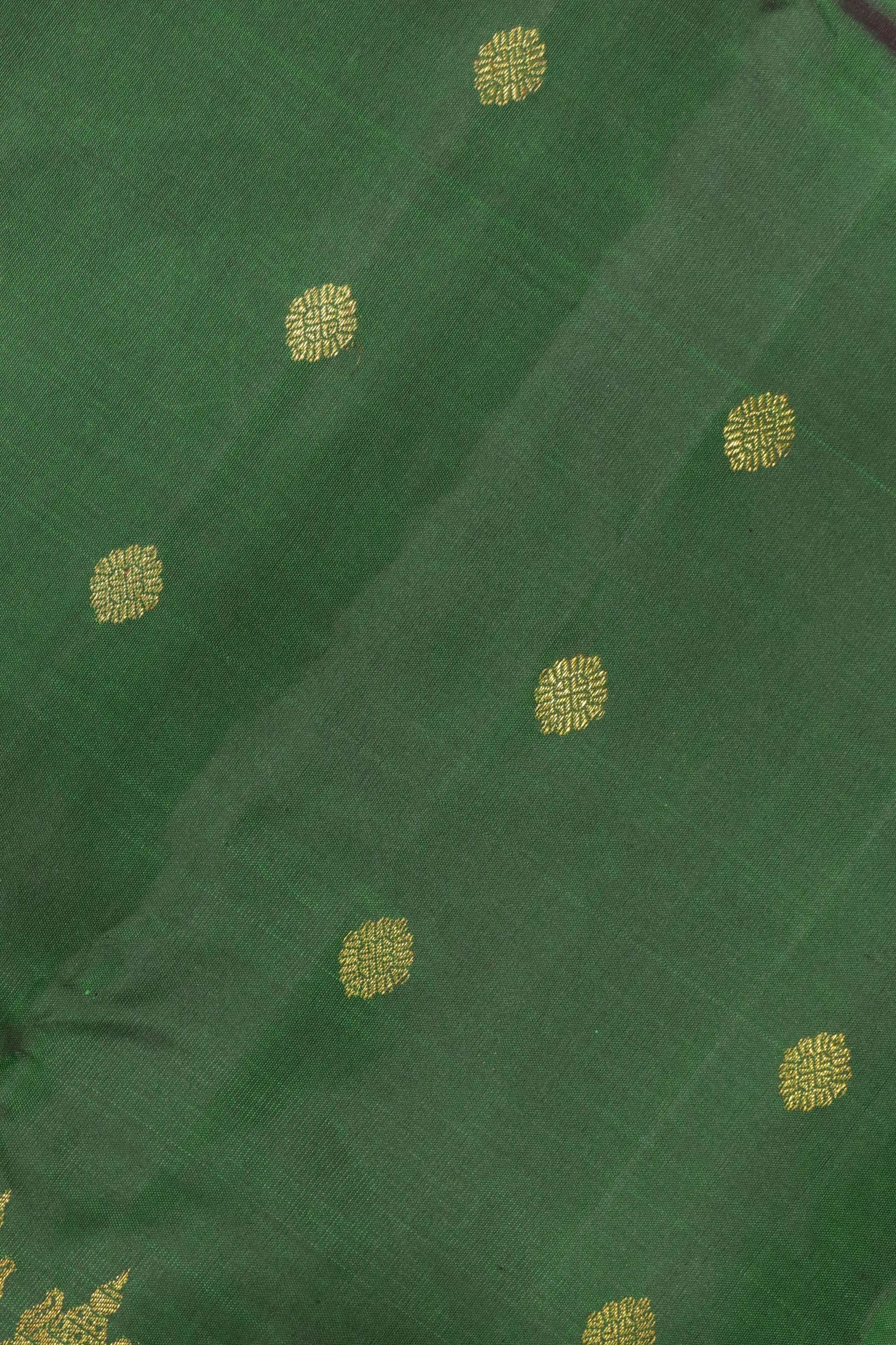 Bottle Green Kanchipuram Silk Saree with Thread Meenakari Motifs and Long Zari Border - Mokshaa