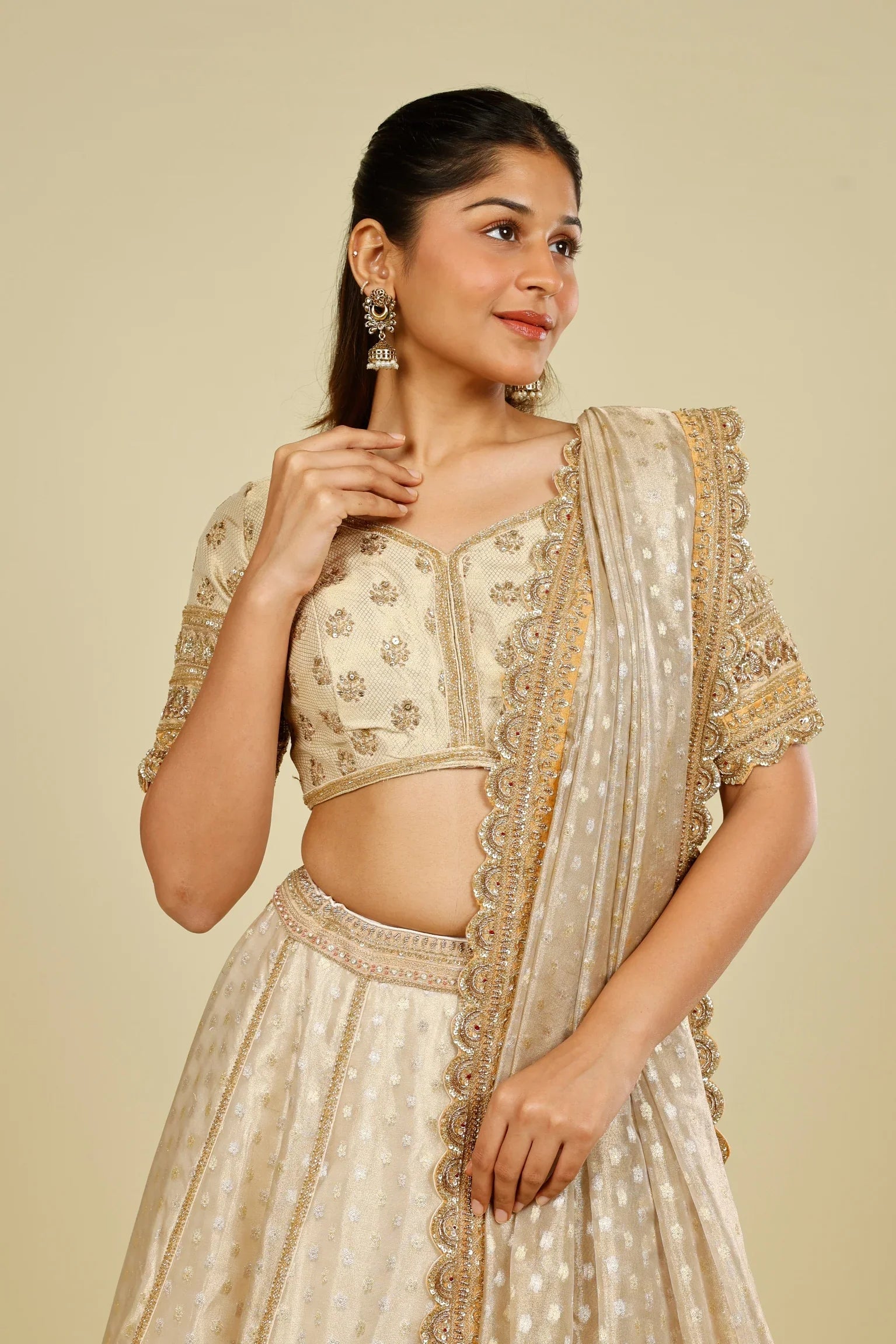 Ivory Banarasi Tissue Organza Lehenga Set with Zardozi, Zari & Sequin Embroidery - Mokshaa