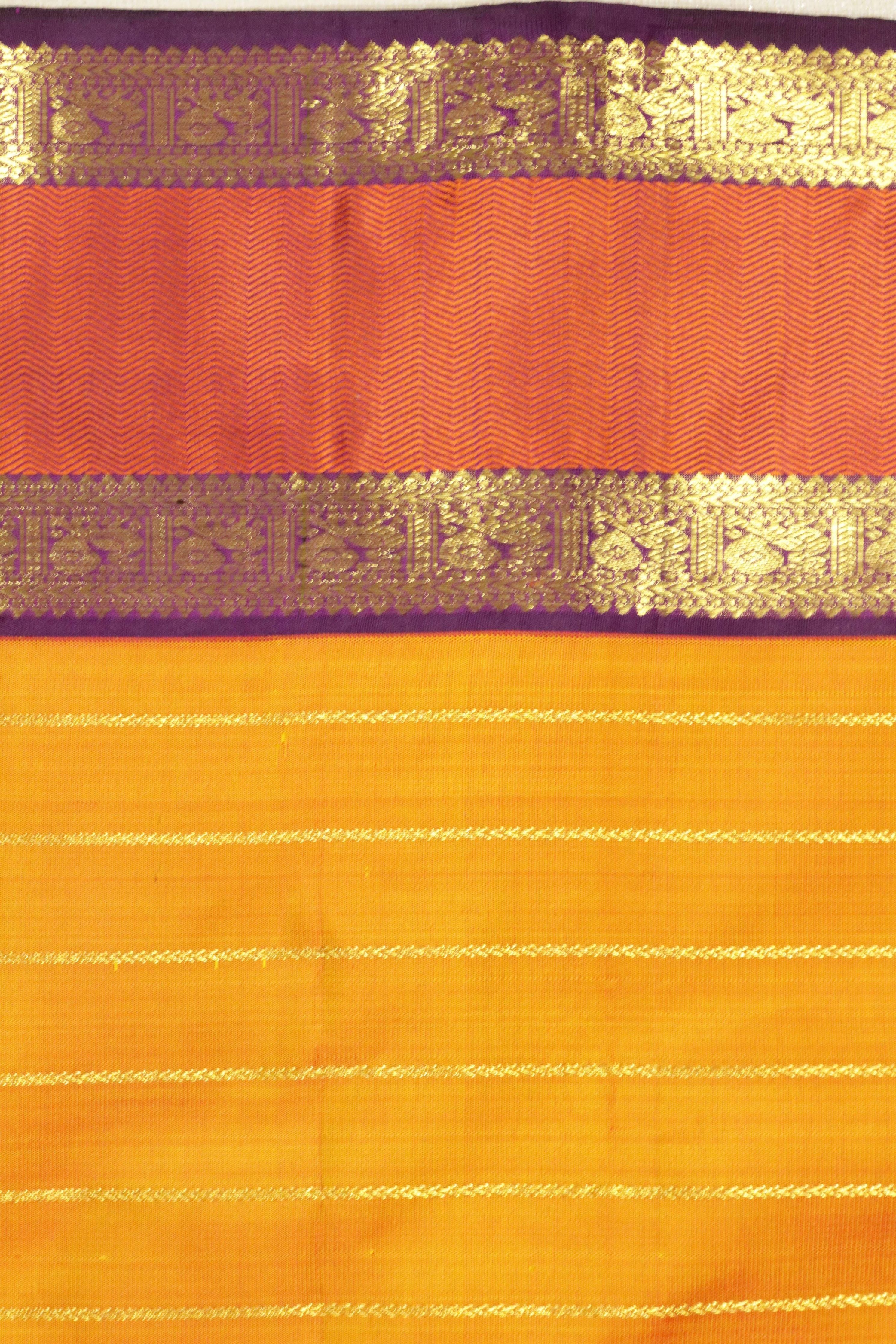 Orange Kanchipuram Silk Saree with Zari Horizontal Lines & Thread Weaving Border - Mokshaa
