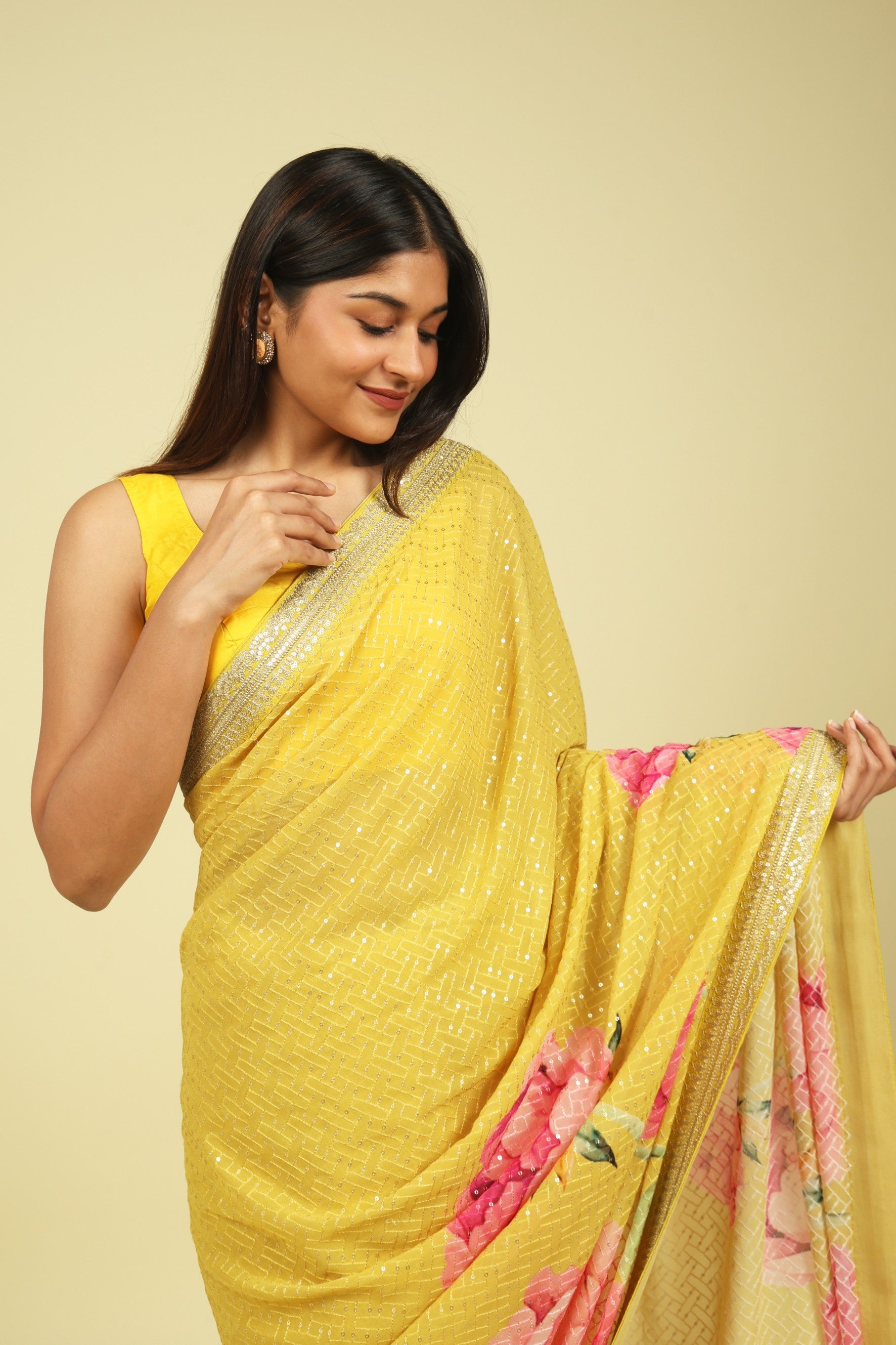 Lime Yellow Georgette Saree with Thread & Sequin Work and Digital Print Border - Mokshaa
