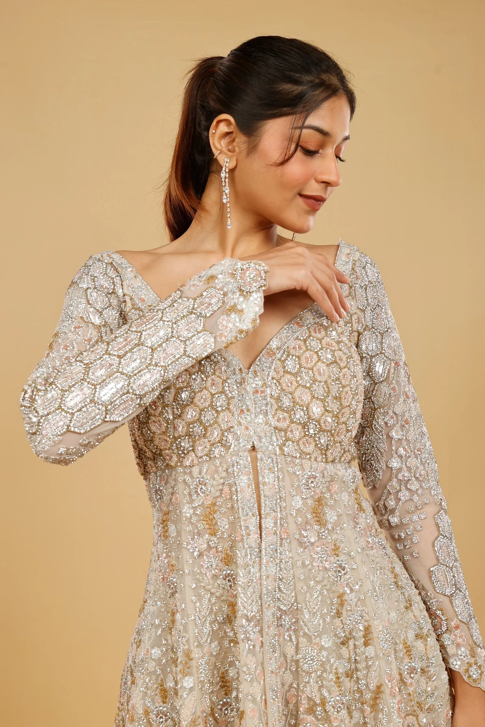 Ivory Net Sharara Set with Stone, Kundan & Sequin Embroidery - Mokshaa