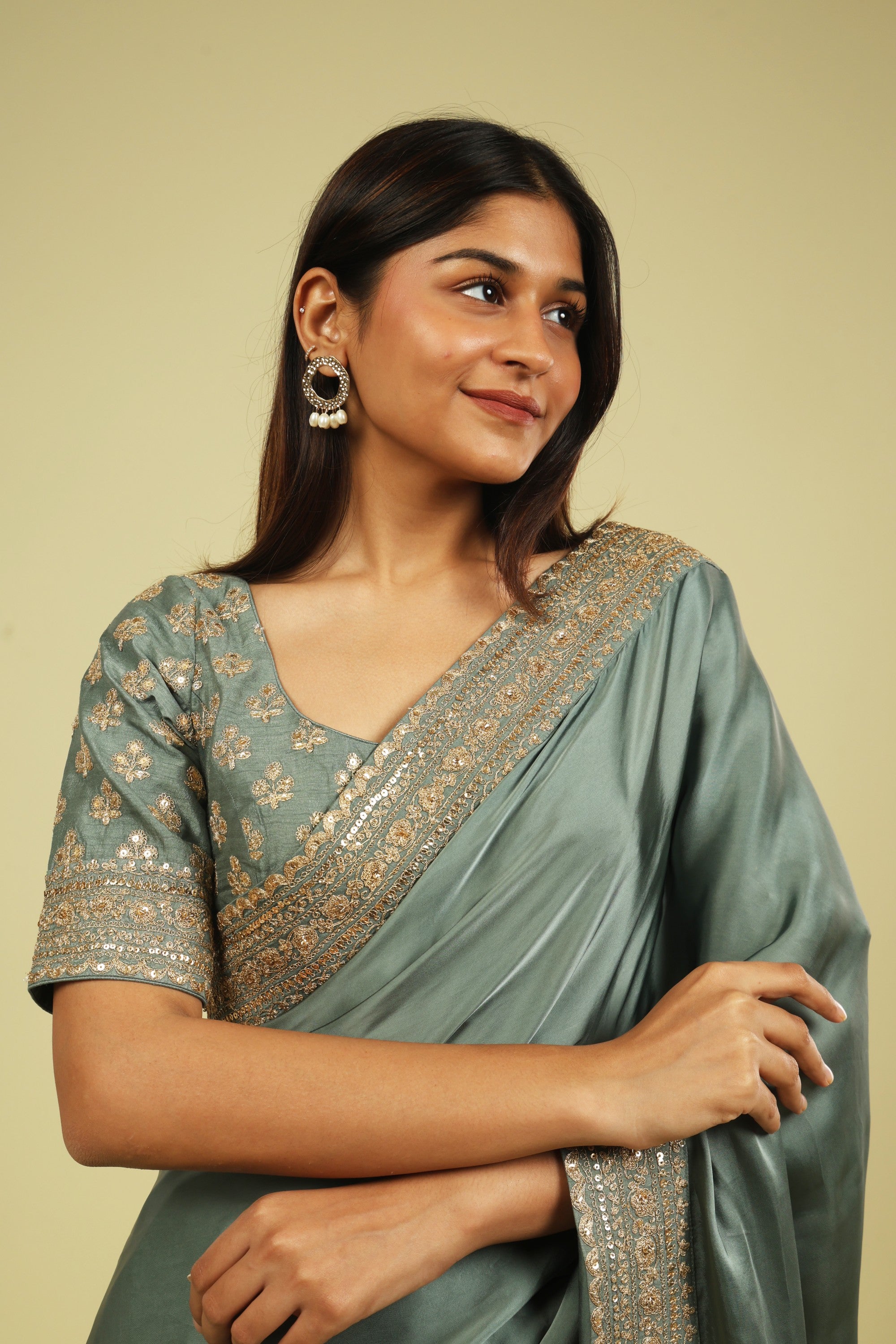 Powder Blue Satin Saree with Zari Thread Border & Zari Motif Blouse - Mokshaa