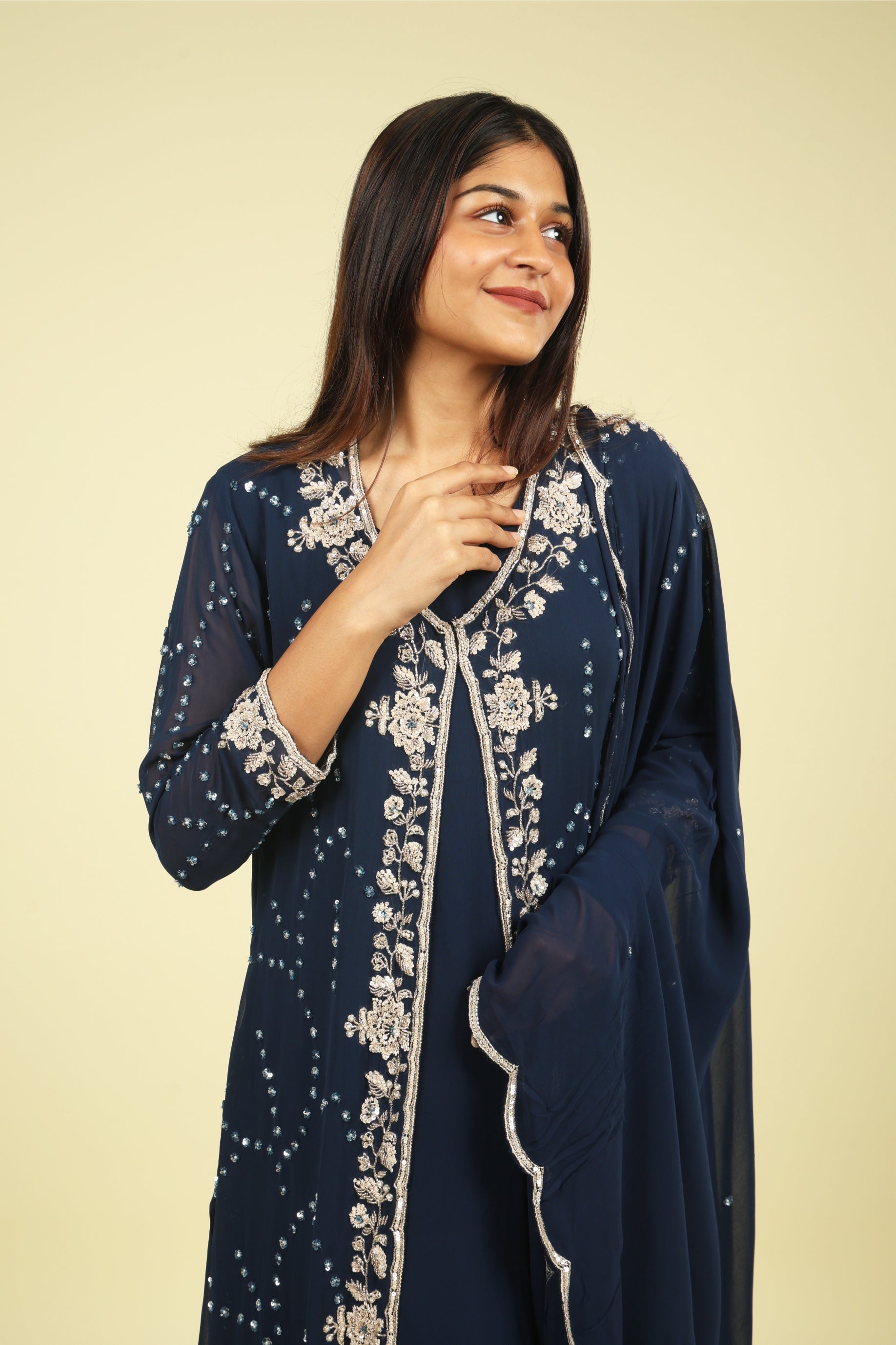 Navy Blue Georgette Anarkali Set with Cape & Dupatta - Mokshaa
