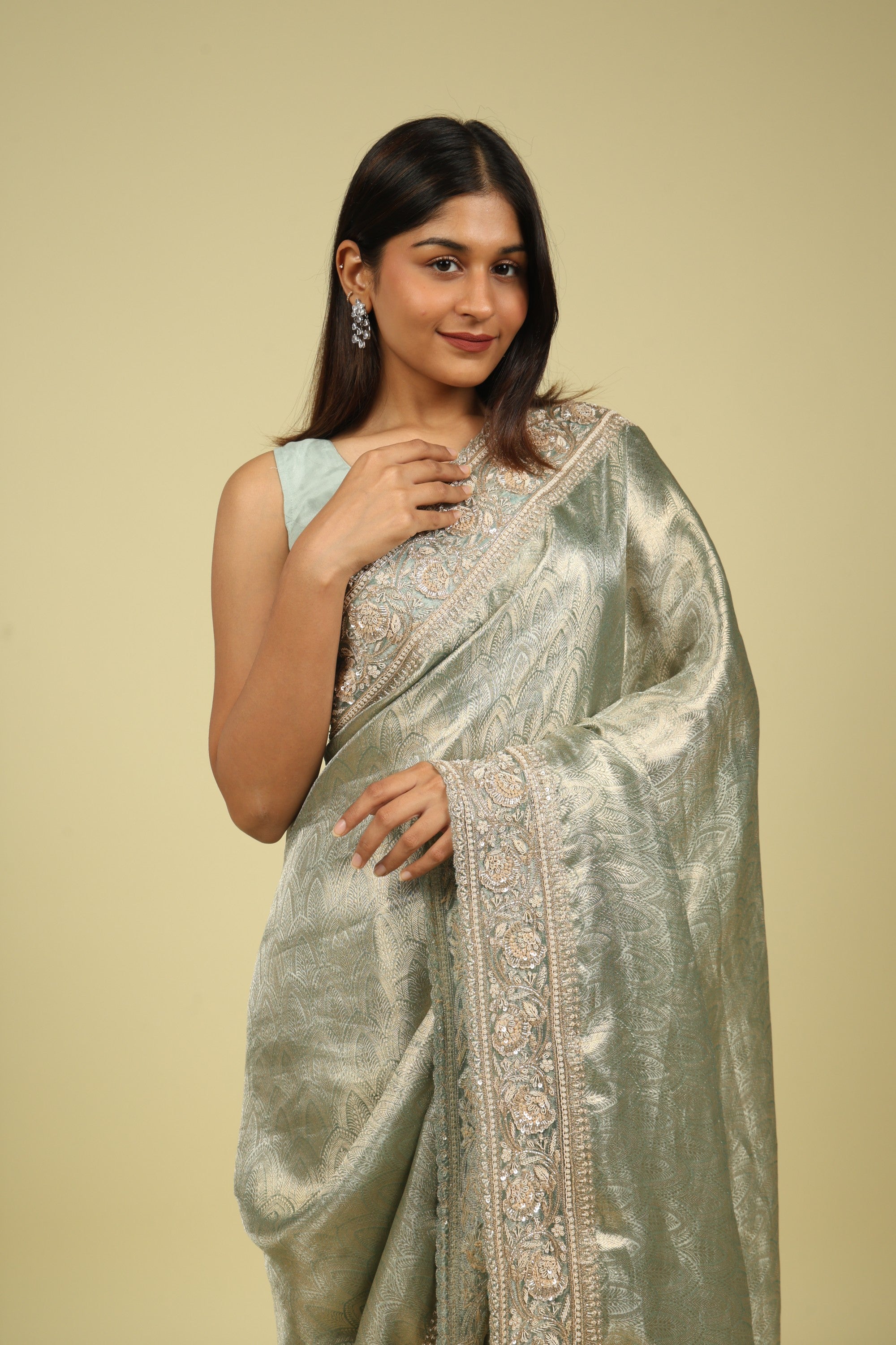 Sea Blue Banaras Tissue Saree with Pearl, Bead & Sequin Embroidered Border - Mokshaa