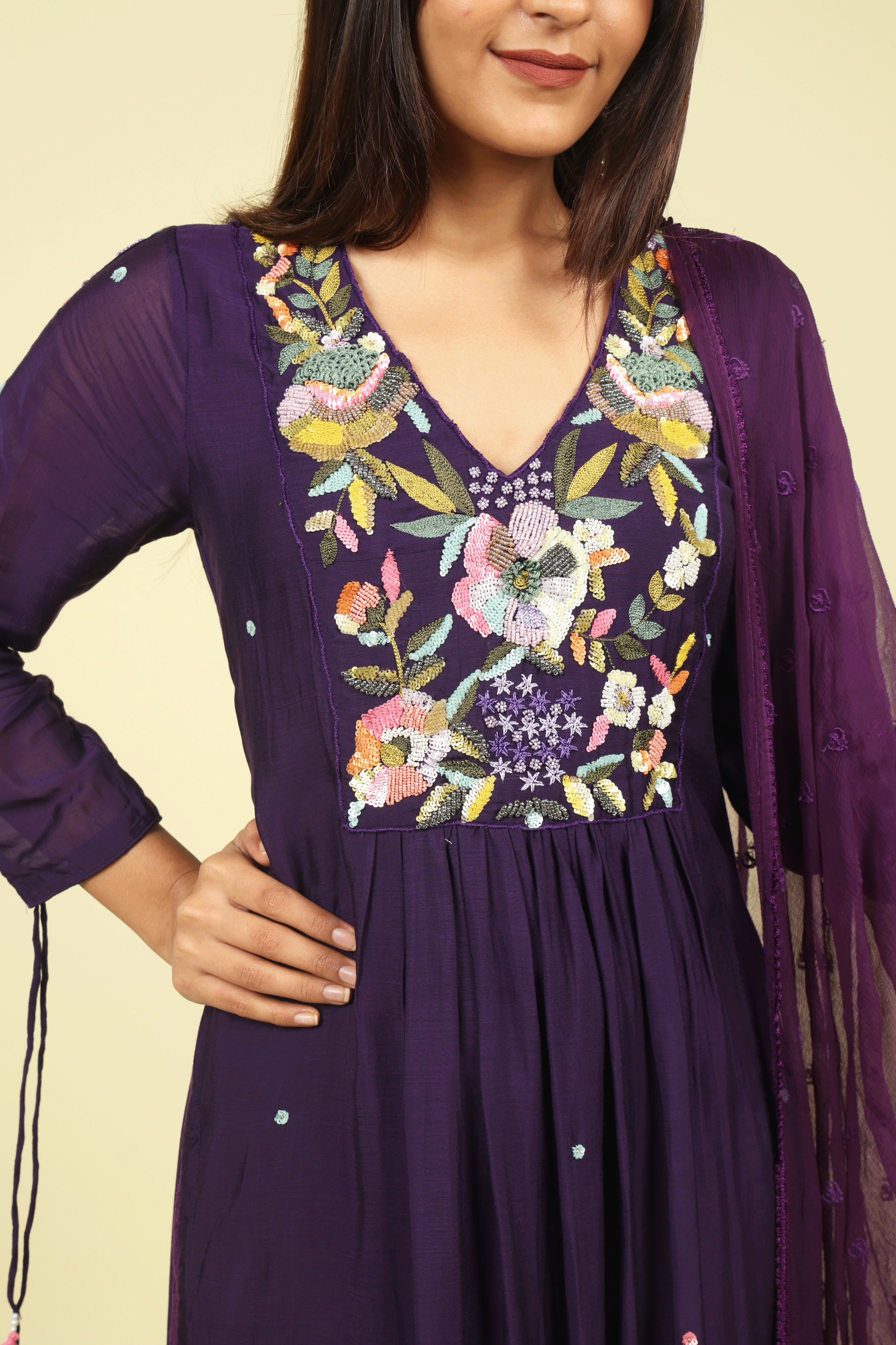 Purple Embroidered Mul Chanderi Salwar Set - Mokshaa