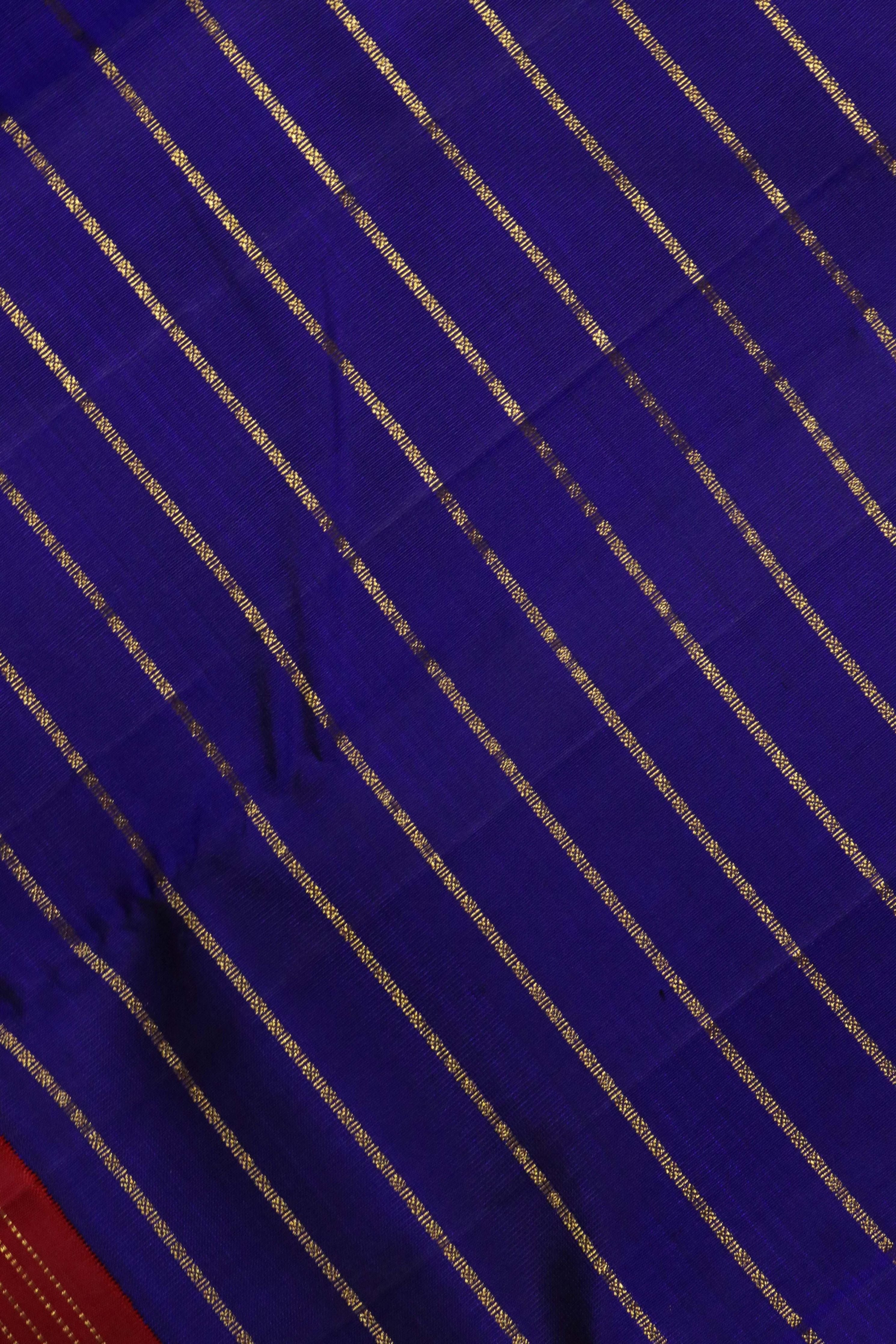 Royal Blue Kanchipuram Silk Saree with Zari Stripes and Contrast Border - Mokshaa