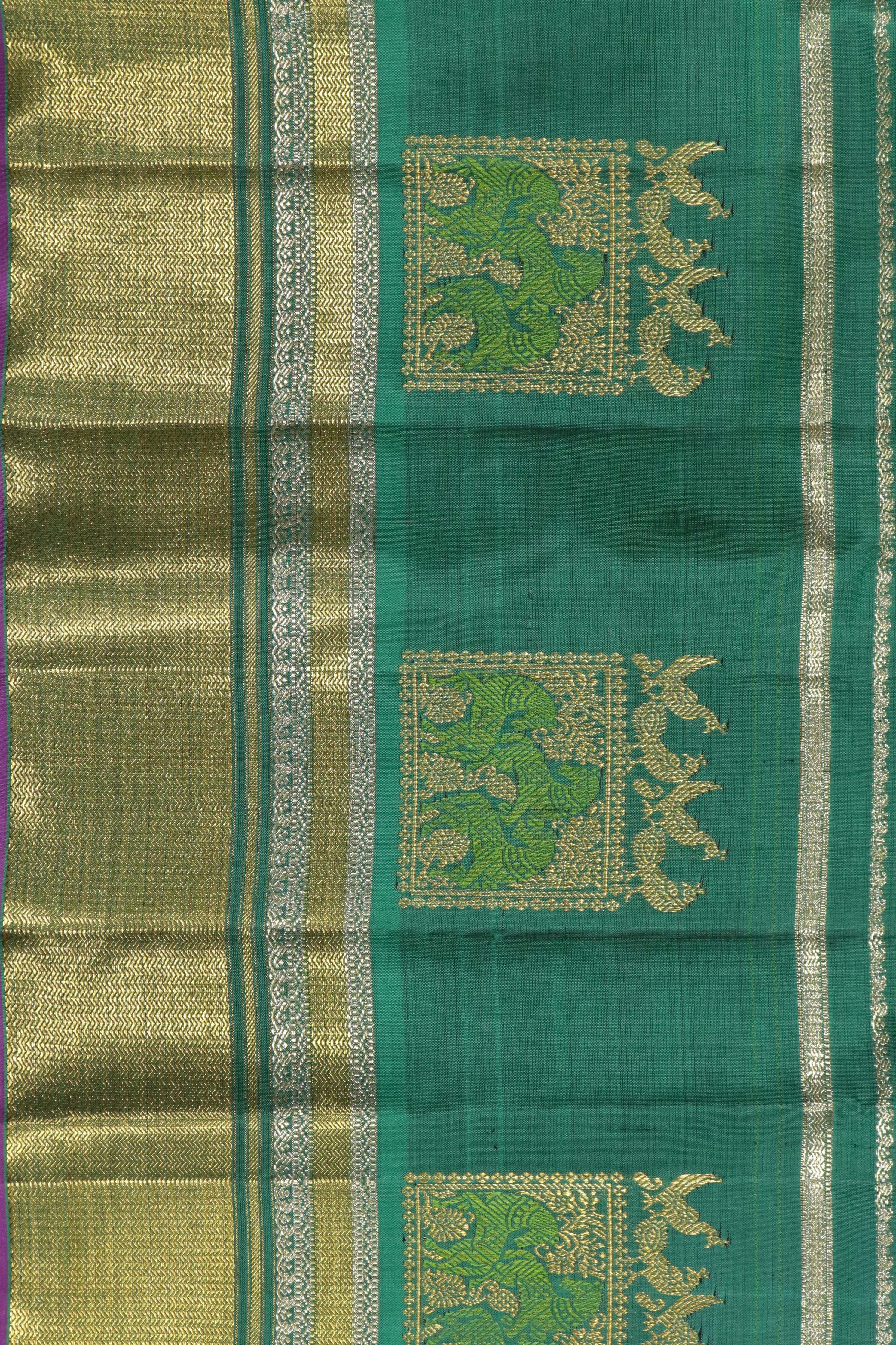 Teal Blue Kanchipuram Silk Saree with Silver Zari Stripes and Zari Border - Mokshaa